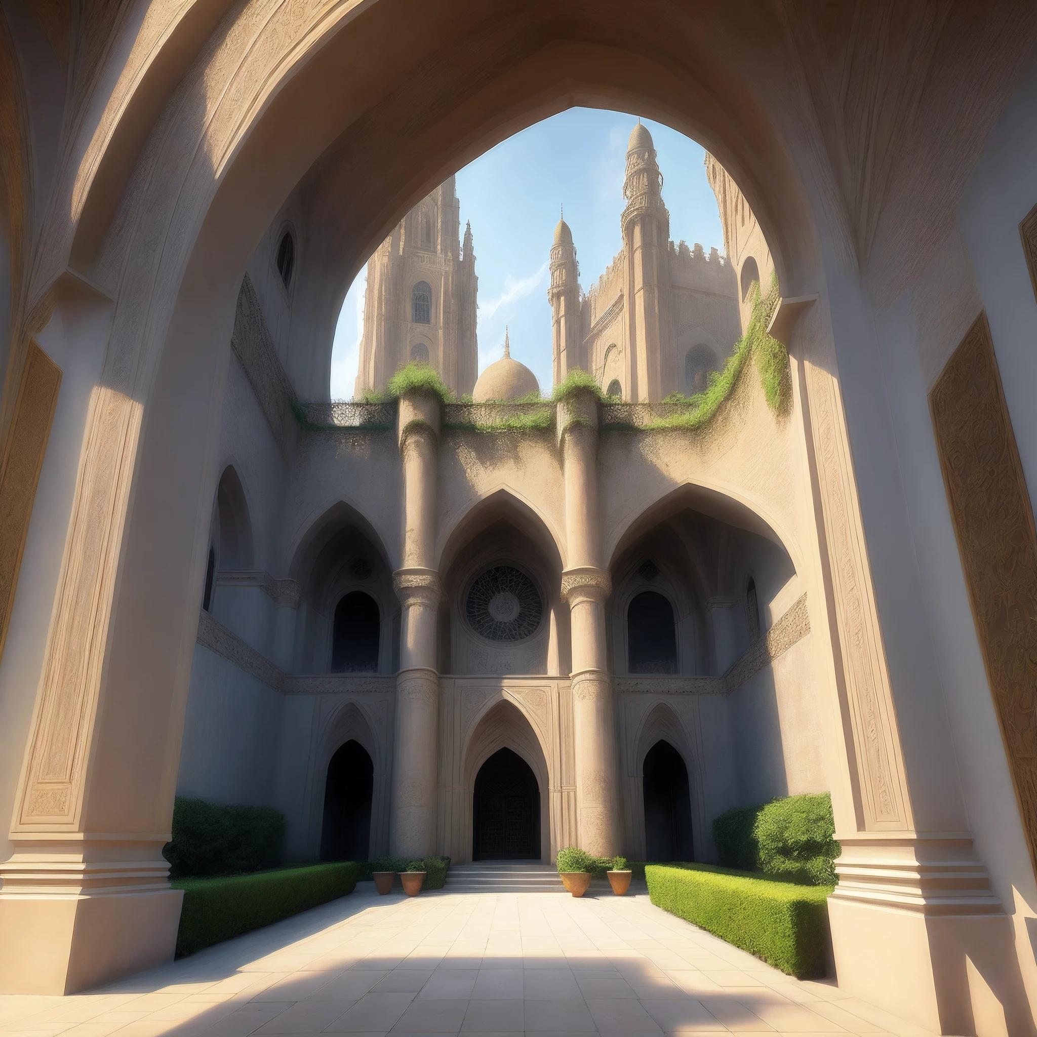 Imagine a beautiful Moorish fortress towering over a sun-drenched landscape. Intricate patterns adorn the golden walls, And the elegant arch extends to the sky. Surrounded by lush gardens,Guarded by majestic towers, This architectural masterpiece is a true work of art, Light and shadow emphasize its intricate details. Enter the fortress,Be in awe of the majesty and skill of the Moors. Made in the style of Jean Tinguely