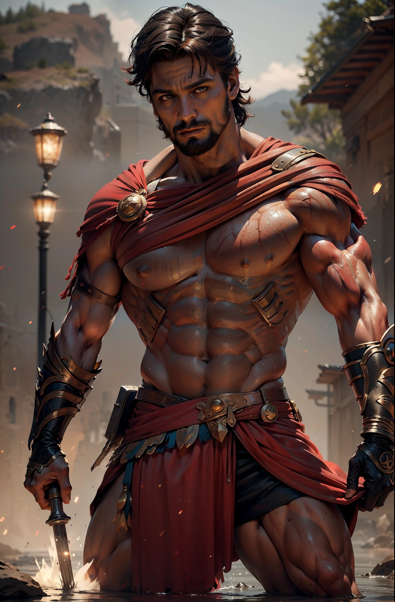 **Visual 3D, Um impressionante retrato de corpo inteiro de Gerrard Butler como leonidas no filme 300 no meio de uma intensa batalha noturna. pesadelo. japanesepopartstyle. Cyberpunk. lightnings. The dynamic composition shows the powerful and fluid movements, with soft tones that add to the dramatic action. impressionante, surreal, cinematic lighthing, Cinematic photos, extremamente detalhadas e complexas, VFX volume mist around, Noturno, Super Max, surreal, super detalhado, Alto contraste, fotografia, realista, dof em, FOV em, motion blur, lente flares em, 50mm Primeiro f/ 1. 8, white-balance, super resolution, Megapixel, ProPhoto RGB, sexo, alto, epics, half rear lighting, luzes de fundo, natural lightting, luz incandescente, fiber optics, mood lighting, lighting cinema, studio illumination, soft-lighting, volumetric, contraste, dark ilumination, Highlight lighting, Global lighting projection, Global Screen Space Illumination, Global Ray Tracing Illumination, luz de fringing vermelha, 45% of cold color gradation, Optics, espalhamento, brilho, Sombras, hiper-realismo, Caustic water, refractive water, Detalhe requintado, intrincado - detalhado, ultra - fotografia detalhada, Alta - nitidez, alto reflexo, fotografia premiada - premiado