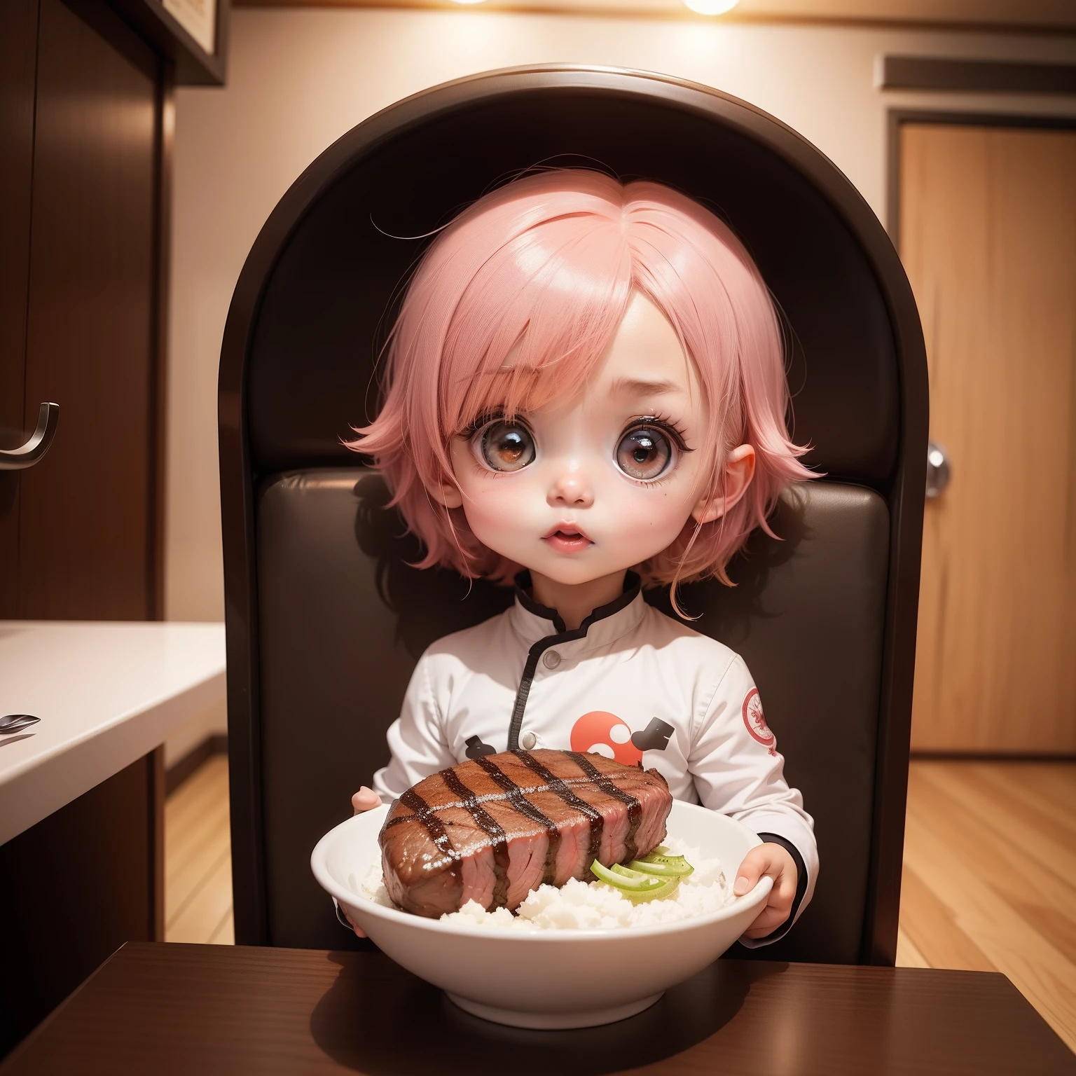 Cute Baby Chibi Anime,Eat steak,Inside a cute steakhouse