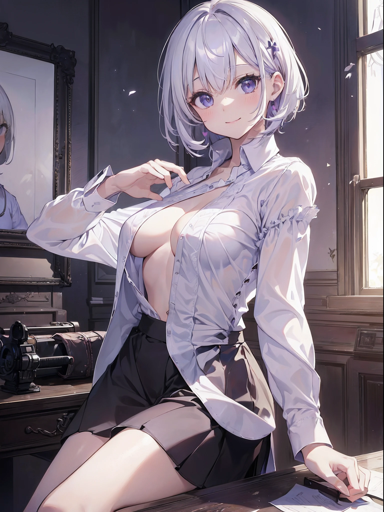 absurderes,(masterpiece、top-quality、8K ),intricate detailes,ultra-detailliert、11 cute beautiful girls、A smile、Purple Short Bob、((Long white cutter shirt:1.5)),cleavage of the breast、inside in room、Bet、Hyper realistic,Perfect Anatomy