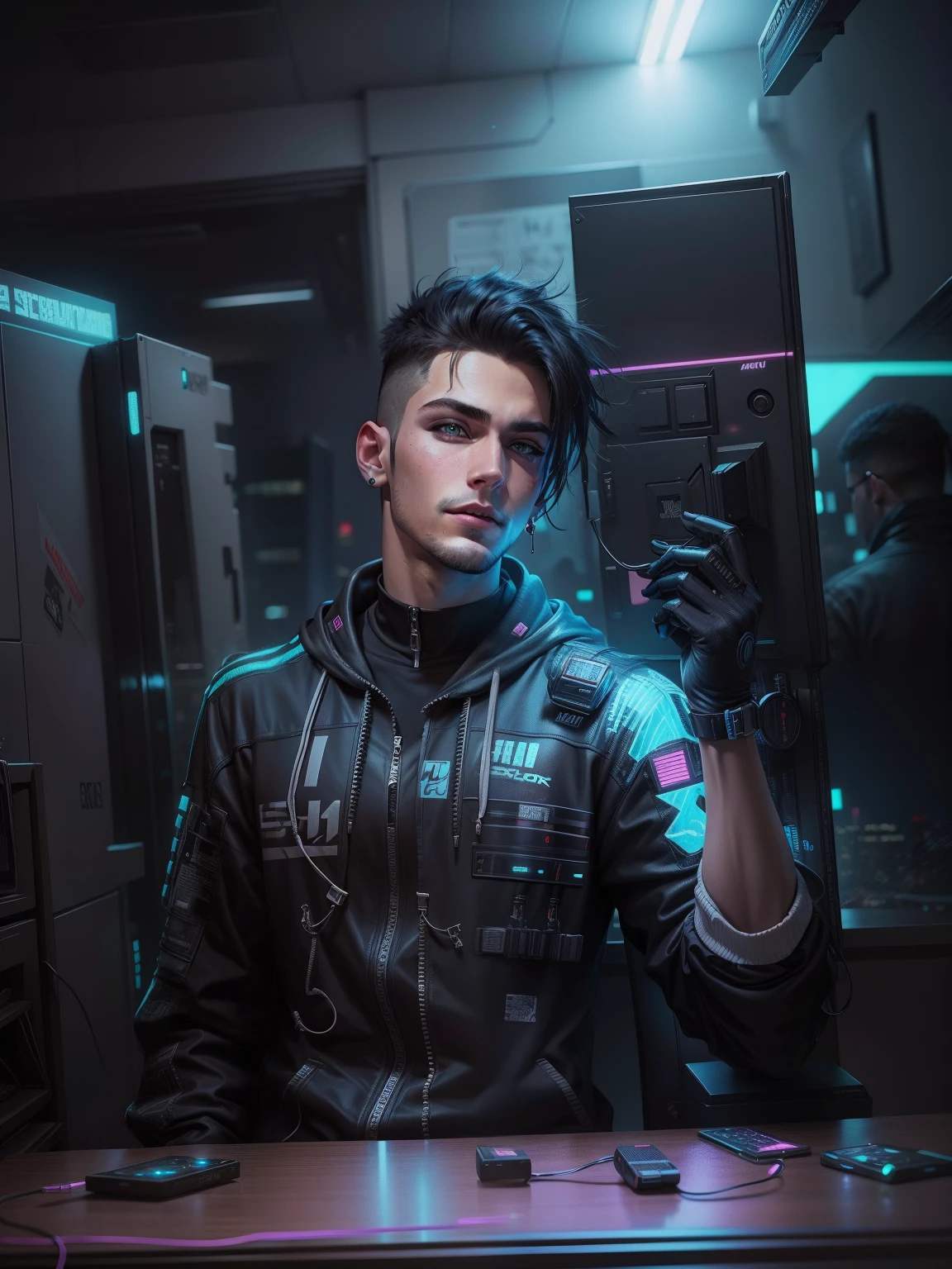 Change background cyberpunk handsome boy wearing hoodies. Realistic face 4k