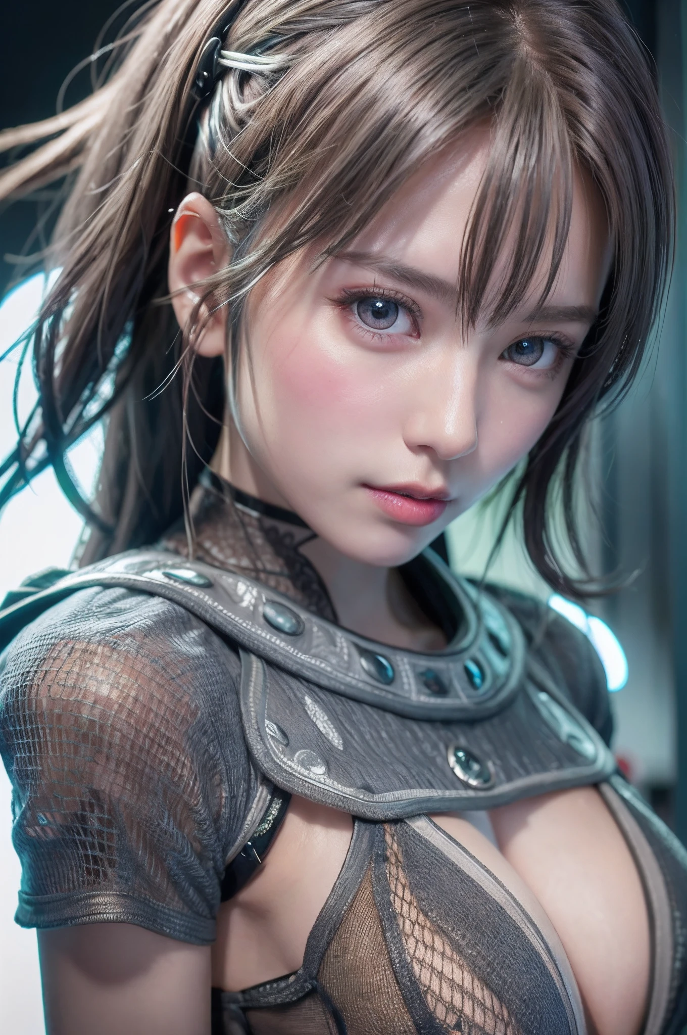top-quality、8K Masterpiece、超A high resolution、(Photorealsitic:1.3)、Raw photo、1人、silver white hair、glowy skin、1 Cyberpunk Super Beautiful Soldier、((super realistic details))、portlate、globalillumination、Shadow、octan render、8K、ultrasharp、beauty breast、Raw skin is exposed in cleavage、metals、cold color、、highly intricate detail、Realistic light、CGSoation Trends、Beautiful eyes、radiant eyes、Facing the camera、neon details、