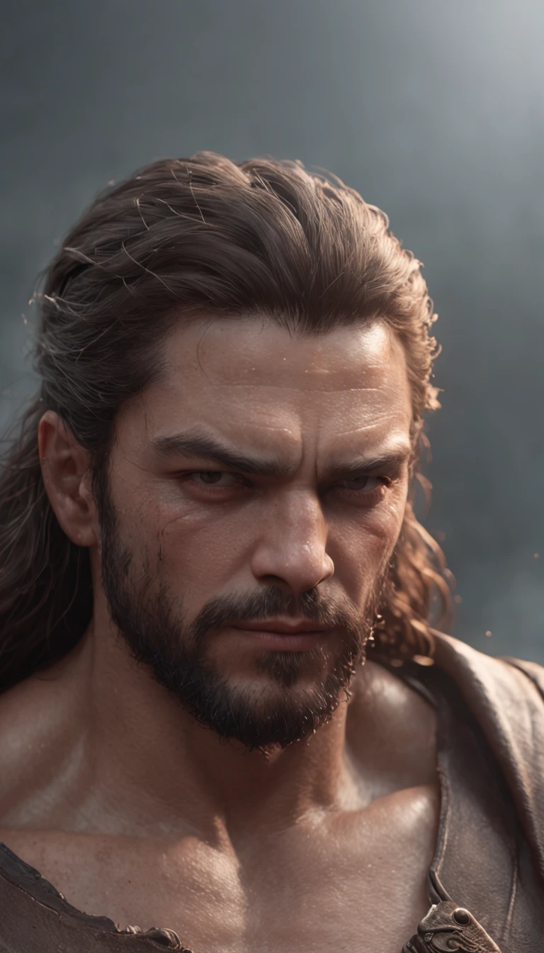 (Professional 3D rendering:1.3) de (Realistic:1.3) Foto de arte mais bonita do mundo，Features soft, bright male heroes, ((Epic hero fantasy rough muscular man wet hero angry look long hair short beard and fierce expression in dynamic pose, fantastic location, majestoso ambiente desordenado)), corpo inteiro 8k unidade render, action shot, poros da pele, very dark lighting, sombreamento pesado, circunstanciado, Rosto detalhado, (vibrante, fotogrdeia realista, Realistic, Dramatic, Escuro, foco nítido, 8k), (Old leather clothes damaged by bad weather:1.4), ((((Use peles)))), (intrincado:1.4), decadente, (altamente detalhado:1.4), pintura digital, rendering by octane, art stations, Conceito-Arte, liso, foco nítido, illustration, germe da arte, (Loish:0.23), Wlop Ilya Kuvshinov, e Greg Rutkowski e Alphonse Mucha Gracias, (global ilumination, studiolight, Light Volumetric), chuva forte, floating particles, patife, fantasia, Onze, corpo inteiroesbian, ((Fundo escuro e antigo da cidade:1.3)),CGSesociedade,art stations