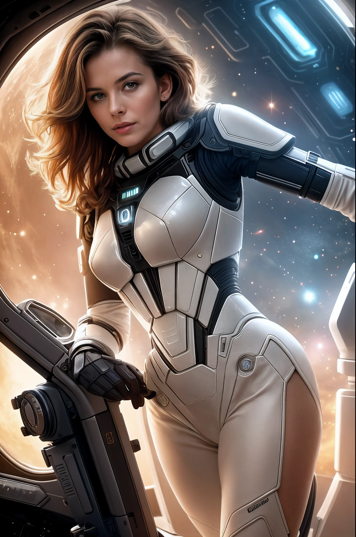 Masterpiece, a beautiful Swedish woman, ((Marilyn Monroe:Ingrid Bergman:0.5)), (revealing scifi suit), (medium breasts), (perfect body), (short brown hair), scifi spaceship cockpit background, (skin texture:1.1), best quality, ultra high res, Raw photo, Nikon D850, backlight, rimlight, bright sunlight, film grain:1.2, (warm hue, warm tone:1.2), (color photo), scifi effects