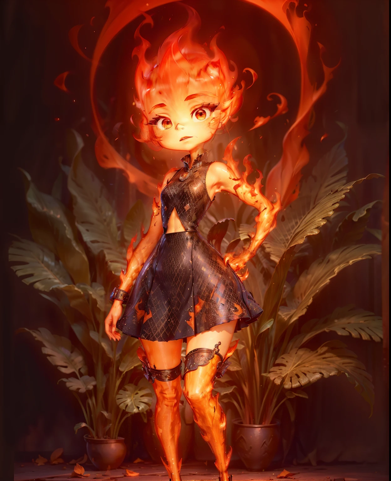 (best quality, masterpiece, detailed face, beautiful detailed eyes), Ember, girl made of fire, 1girl, (solo),standing, ((fullbody)), dark background,