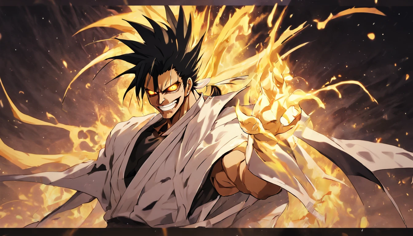 "Zaraki Kenpachi bleach, yellow energy, upper body shot, smile, Gothic style."
