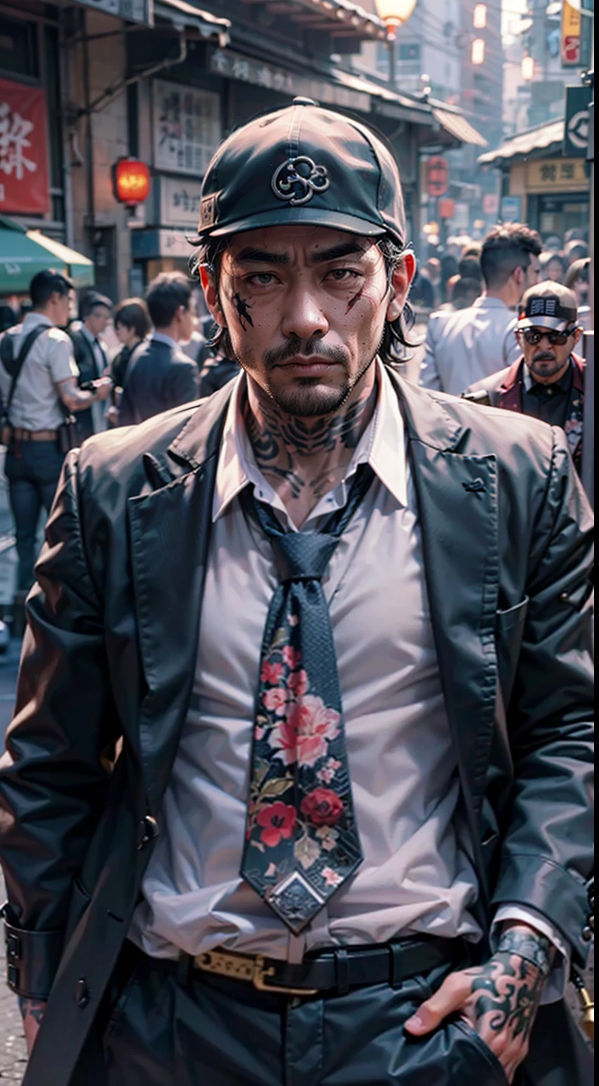 A male yakuza leader on the streets of Japan, A group of gang members stood behind,angry look,Mixed Korean,The background is blurred out,focal,电影灯光,(((tmasterpiece))), ((best qualtiy)), ((Complex and detailed)), ((ultra-realistic realism)), Ridiculous resolution, A MILF, Mature men, ssee-through, highly detailed, illustratio, 1men, (potbelly), Thick buttocks,Girl with thick fat chunky physique,Fierce detail eyes, short detailed hair, whaite hair, a purple eye, (Gangster suit:1.2),Tattooed with,Large flower arms,Full of tattoos,Japanese yakuza,Kamami Yamaguchi,Japanese Yamaguchi-gumi,Japanese yakuza woman,The Underworld,full tattoo,Gangster boss,Lunette de soleil,Blood stained the streets,Gang boss,Scarred figure,blood vess,(No underwear),pantiess, detailed back ground, perfect eyes, Seductive eye, looking at viewert,From the front,Wear light,