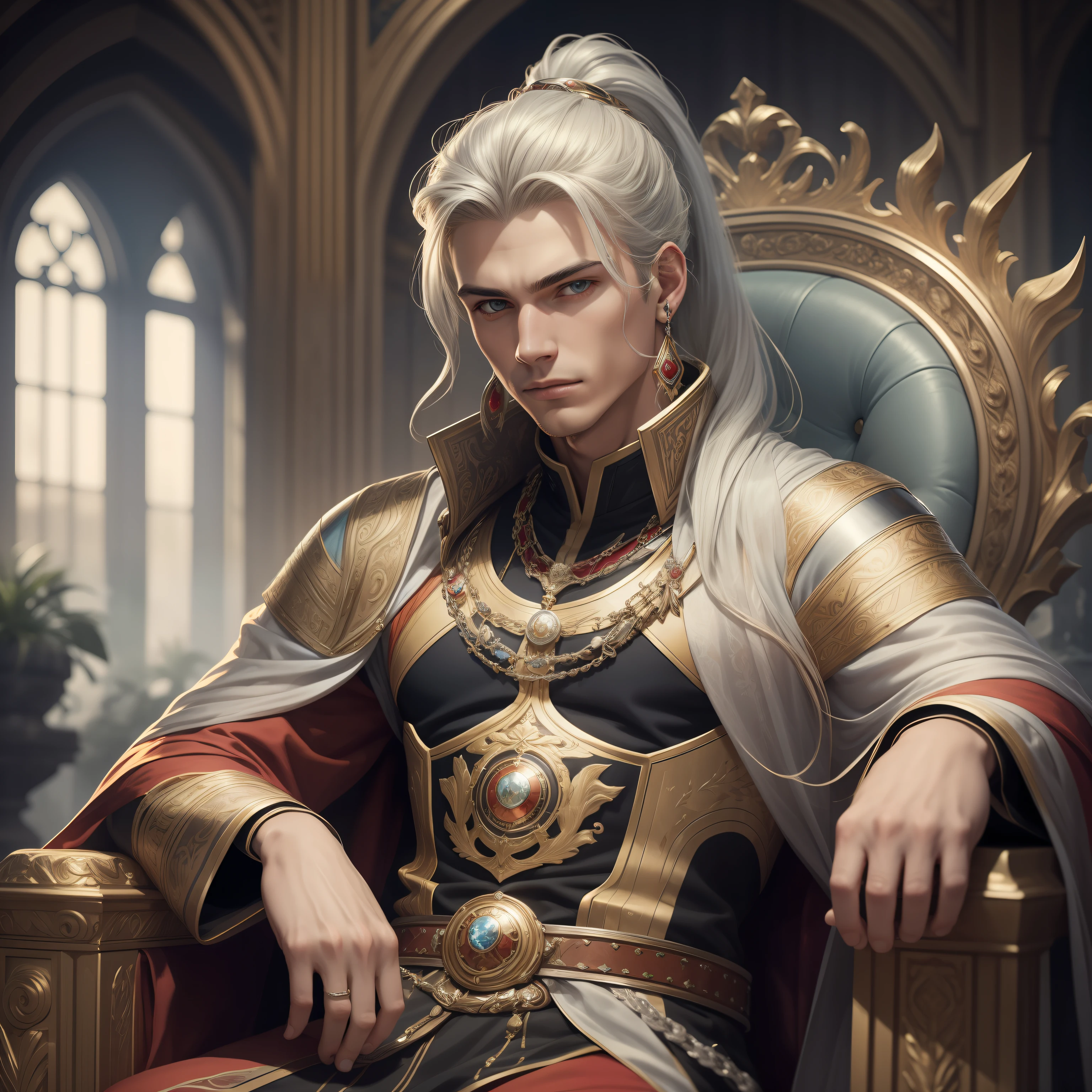 (art: 1.2), (best quality: 1.2) 1 man, mature, tall (2.00 cm), appears to be around 35 years old, has long silver-white hair, straight and shiny, with eyes of two different colors: the right eye is blue like ice, the left eye is pink, extremely detailed eyes, perfect eyes, extremely realistic eyes, well-aligned eyes, long eyelashes, anime style, perfect face, serious and majestic face, mature, fair skin, natural and balanced body, perfect hands, detailed hands, hands well-proportioned to the body, realistic hands, arms with good anatomy, wearing an emperor’s Chinese attire decorated with gold and silver, featuring dragon patterns that look very beautiful and luxurious, sitting on a golden chair with dragon carvings symbolizing leadership, detailed drawing of the chair, with a spectral image of a long Eastern dragon with intertwined purple and gold scales behind him, looking at the viewer, background scene is a Chinese-style pavilion hall, posing alone, looking at the viewer.