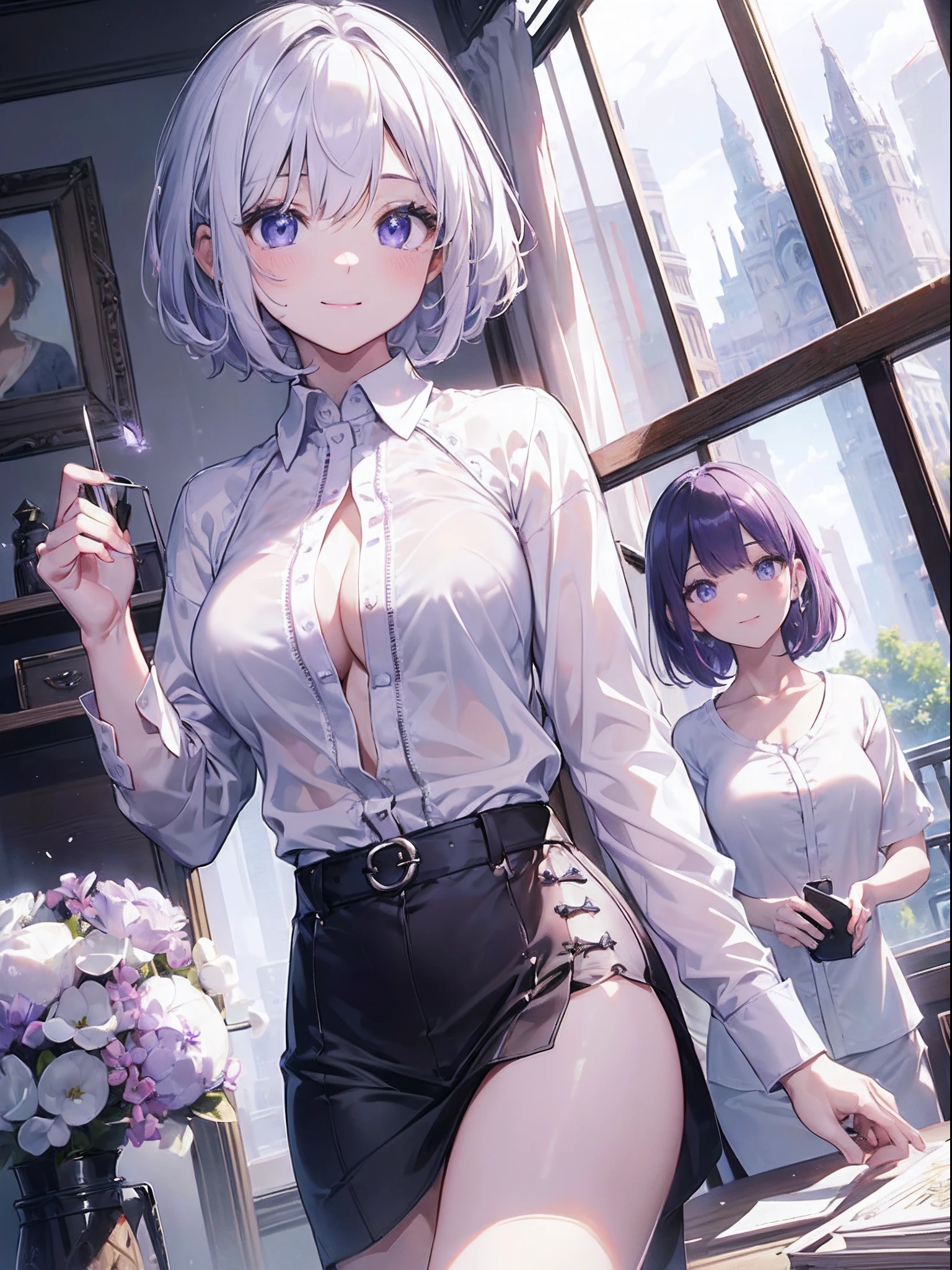 absurderes,(​masterpiece、top-quality、8K ),intricate detailes,ultra-detailliert、11 cute beautiful girls、A smile、Purple Short Bob、((Long white cutter shirt:1.5)),cleavage of the breast、inside in room、Bet、Hyper realistic,Perfect Anatomy