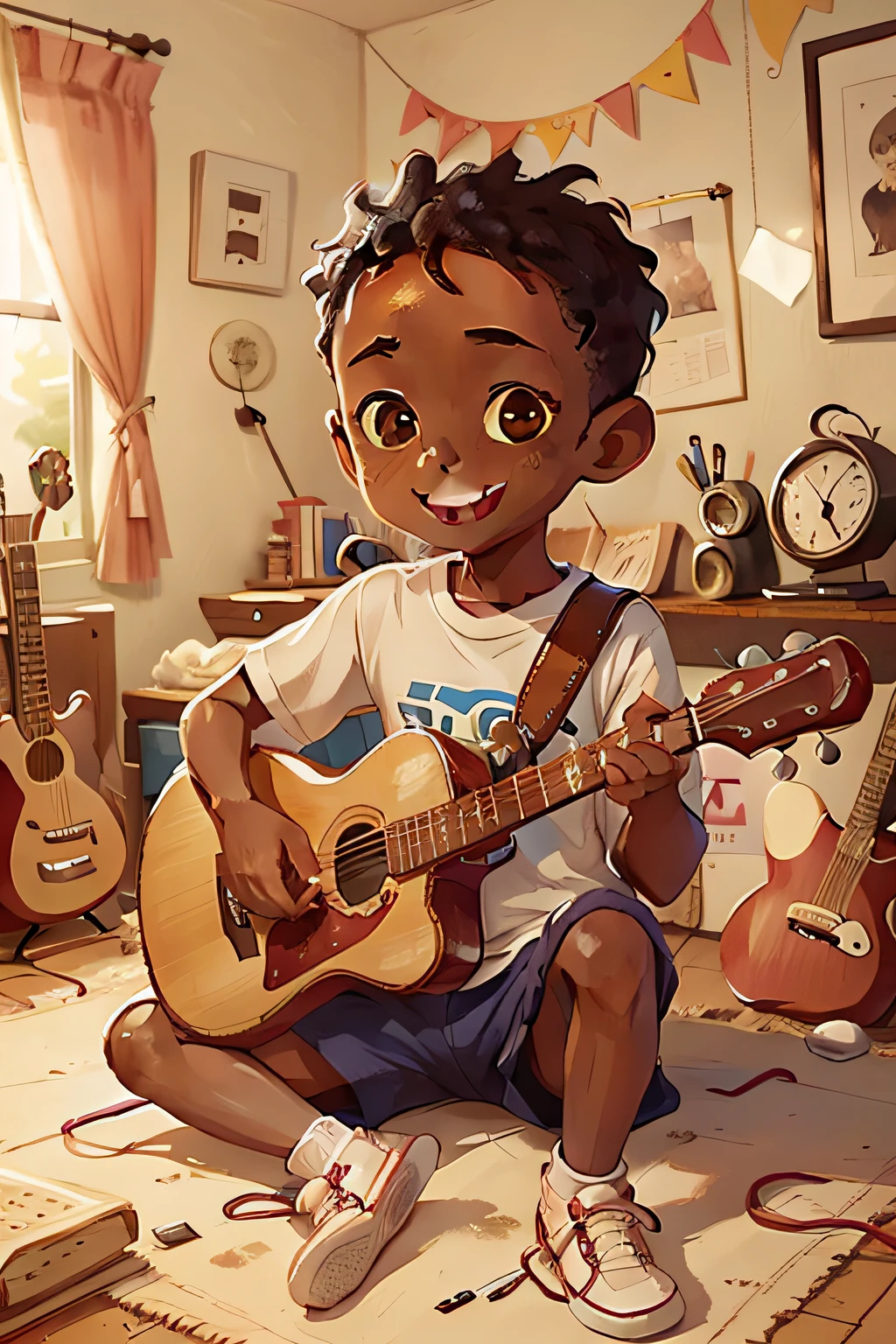8 year old African boy, cute, smiling, wearing white sneakers, playing guitar in his bedroom