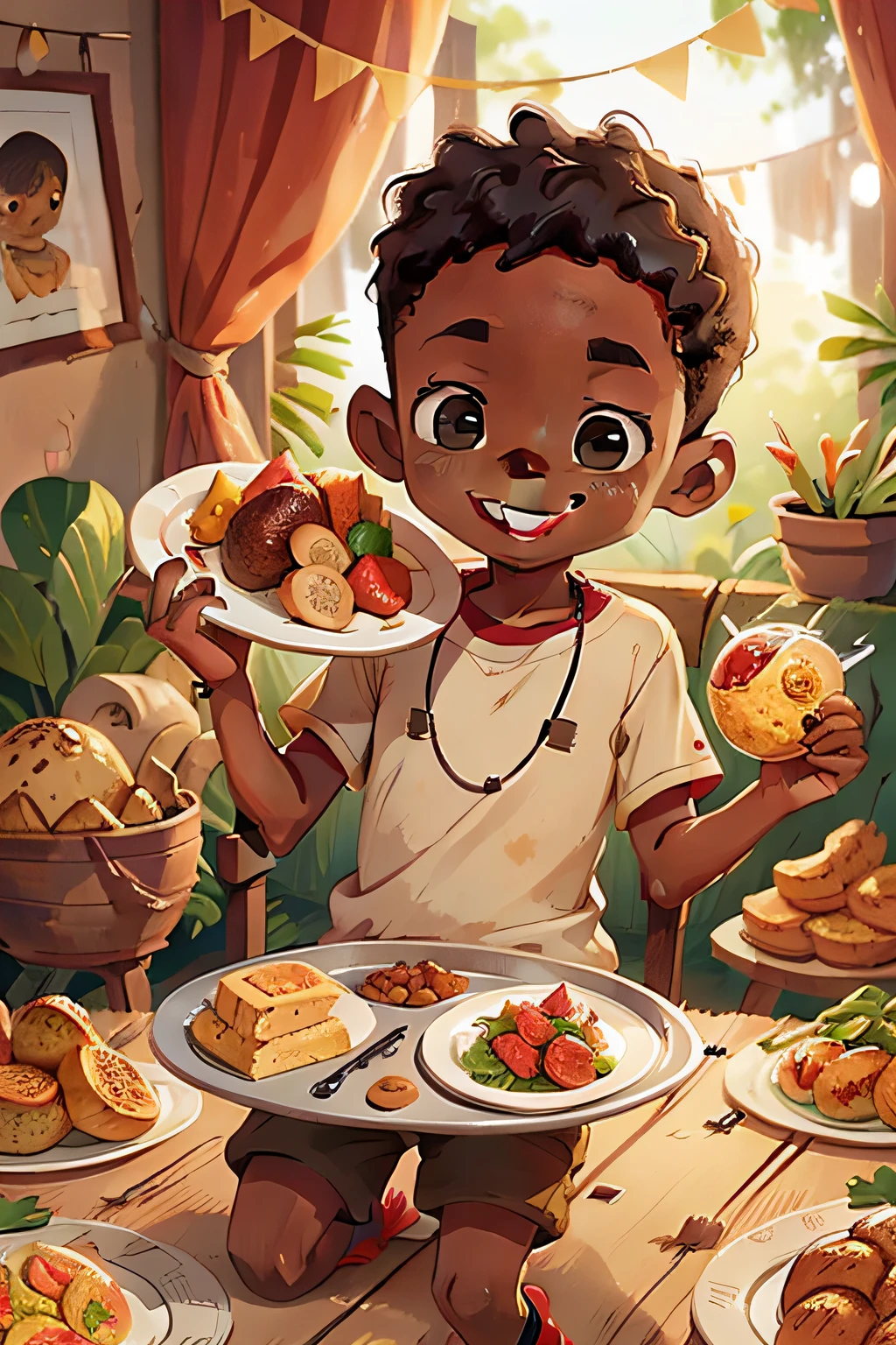 tom, , african boy, cute, smiling, holding a plate of typical african foods