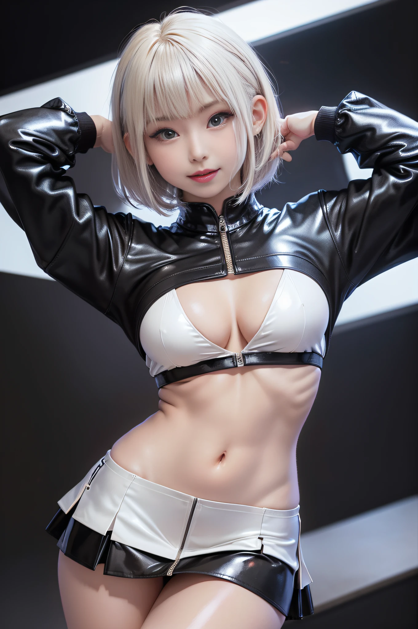 (Panchira)、sexypose、Legs spread、Hands behind the head、pretty 1girl, top-quality、The ultra -The high-definition、hight resolution、extremely details CG、8K Unit Wallpapers、Platinum Blonde Hair,bob cuts, 17 age、medium breasts, cyberpunked、zippers、(Ultra Micro Mini Skirt with Ultra Super Gloss Enamel)、(FULL BODYSHOT)、(lightsmile:1.12),(Shiny body:1.3)、