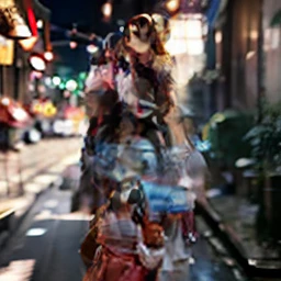 realistic, RAW photo, dslr, film grain, Fujifilm XT3, night shot, 1girl, goddess women,  (curly hair, long hair), (thigh,off shoulder:1.2), ([:see-through:4]:1.4) (red floral print hanfu:1.1), pencil skirt, black pantyhose, (deserted street:1.3), Backlit, Bokeh, Contrast Filters, (smile:0.8), looking at viewer, (china jiangnan water town style:1.1), water, wet, ,