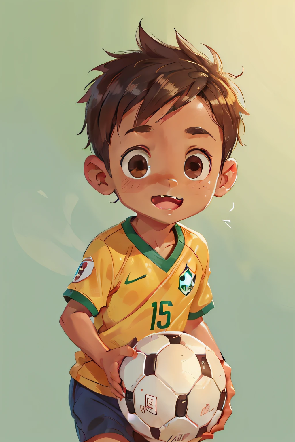 lucas, an 8 year old boy, cute, brown skin, cheerful and kind eyes, fun, holding a soccer ball, wearing a brazil jersey
