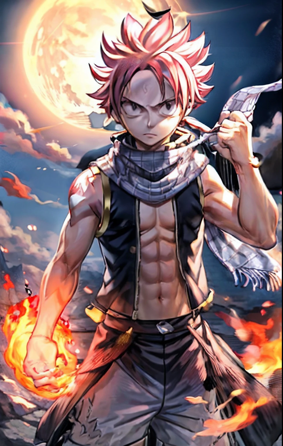 (((1boy, (natsu_dragneel:1.2), scarf, sleeveless, black eyes, fire, arm up,))) default_outfit, standing,  looking_at_viewer, solo, male_focus, Cowboy_shot,  close up portrait, outdoors, (night, dark:1.25), street, (darkestdiffusion style:0.6), (evreka15 style:0.6), best quality, absurdres, highres, (original), (extremely detailed wallpaper), 8k, (color), (trending on artstation, cgsociety, pixiv:0.85), highly detailed, (coherent:1.5), (beautiful composition:1.2),  (dynamic lighting), (intricate:1.15), (symmetrical:1.1), (hd:1.25), (masterpiece:0.9), (by atey ghailan and anton fadeev:0.9), [light_rays], moon,  (blurry_background, depth of field:0.5), 
Official_Art,