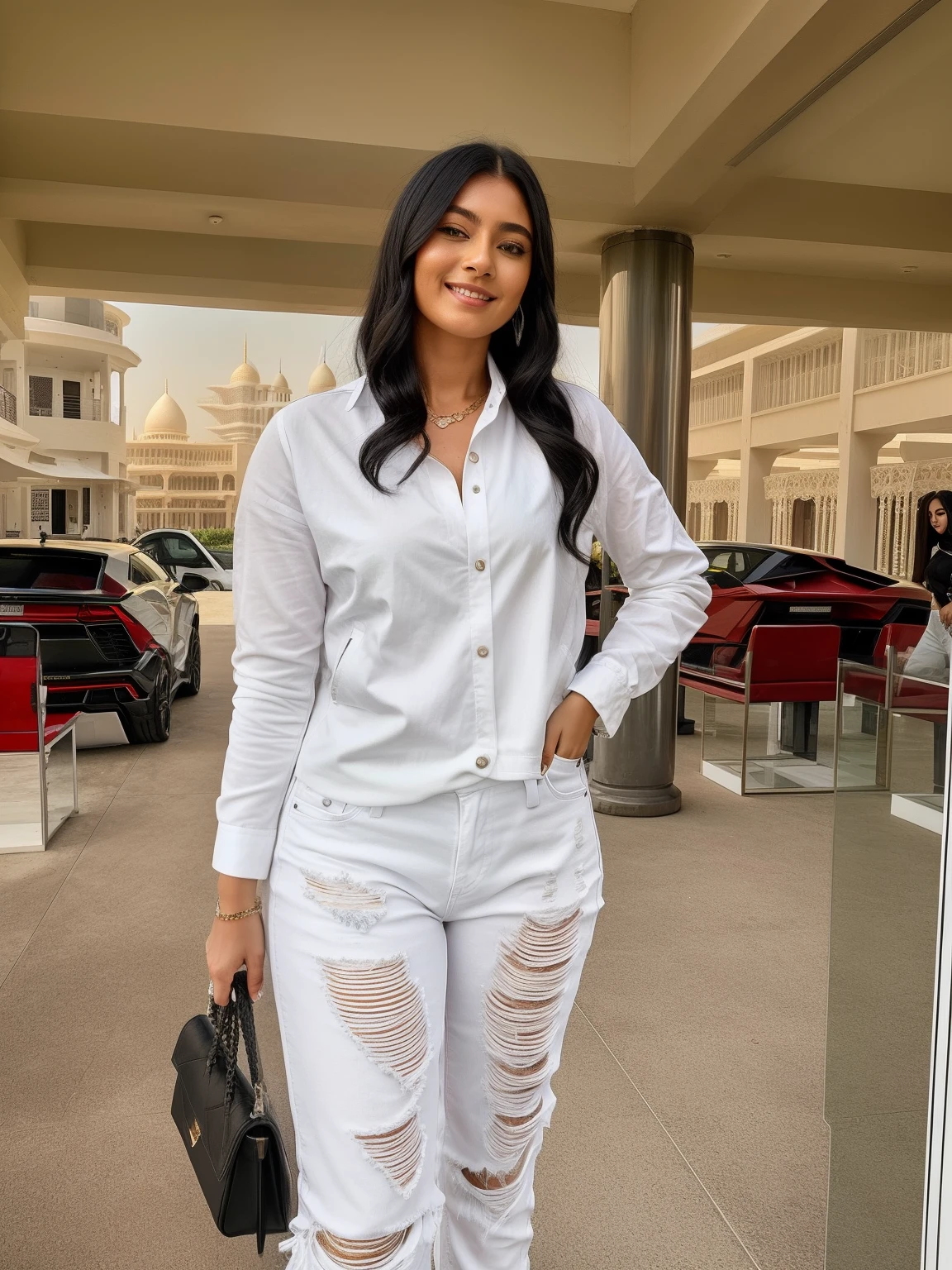 smiling woman in white shirt and ripped jeans standing in front of a lamborghini Urus, wearing white clothes, in white clothes, clothed in black shirt, wearing a black jacket, background is dubai , taken in the early 2020s, 🤬 🤮 💕 🎀, with a cool pose