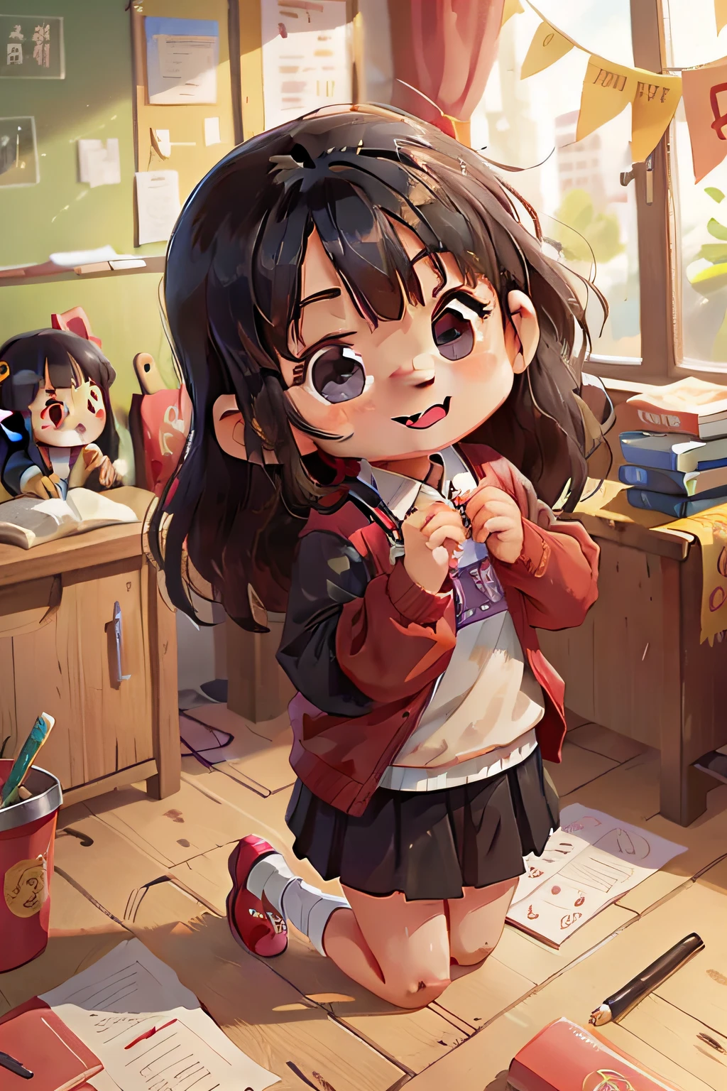 liu, a Chinese girl, cute, 8 yearsg black hair, slanted eyes, smiling, at school talking with her classmates