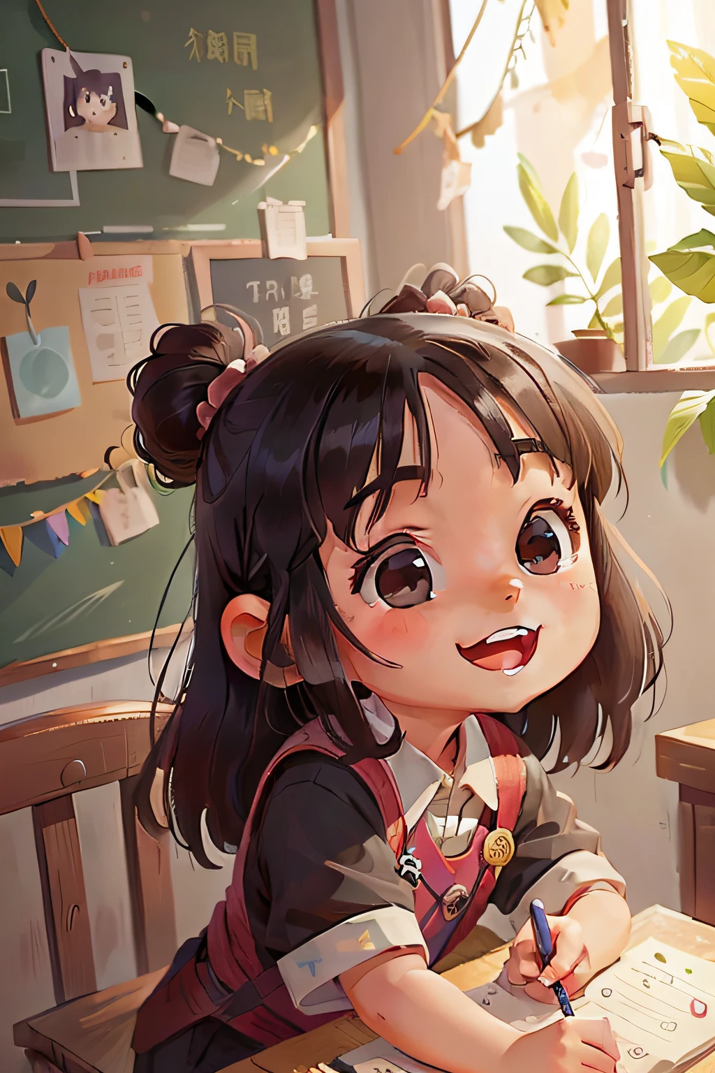 liu, a Chinese girl, 8 yearsg black hair, asian eyes, smiling, at school talking with her classmates
