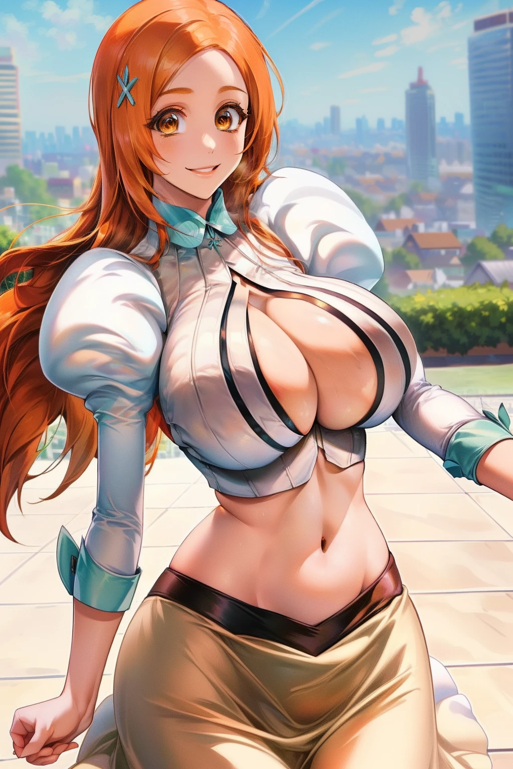 Skir ligt, nude, Nsfw, Upskirt, BEST cuality, 1girl, ((Orihimesomakjskirt, orange hair, navel, cleavage, midriff, crop top, clothing cutout, cleavage cutout,white long skirt,puffy sleeves)),smile,close up,outdoor,((city street)), Beautiful tits peeking out, big breast,