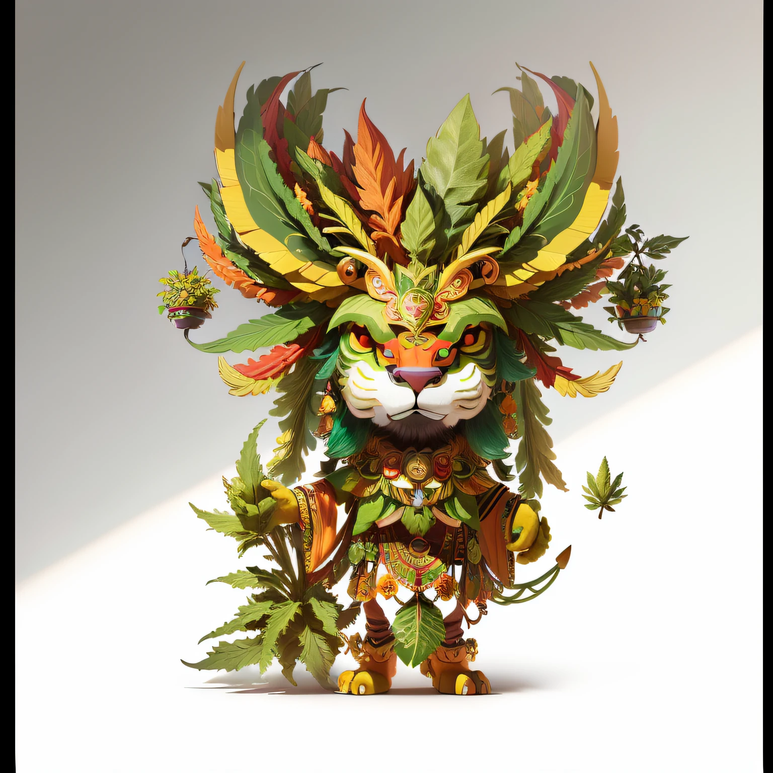illustration of a lion with a colorful headdress and a green leafy mane, plant monster, a plant monster, digital painting of quetzalcoatl, mascot illustration, full art illustration, character design contest winner, high detailed official artwork, magical garden plant creatures, quetzalcoatl, 3 d toy aztec gods as funco toy, plant spirit, a humanoid thistle monster