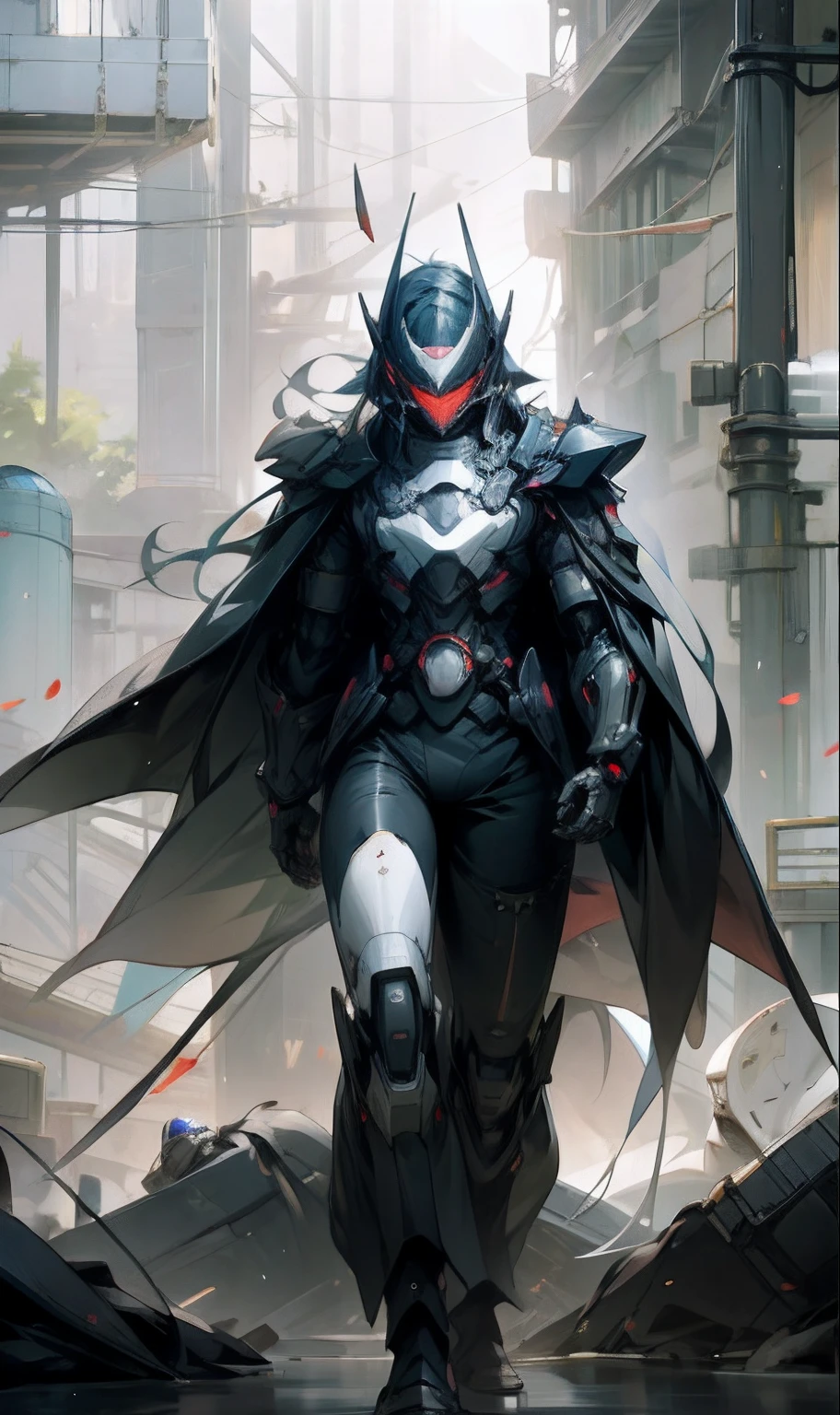 Dark_fantasy,Cyberpunk,(Chainsaw,chainsawman,Red:1.1),1人,Mechanical Wonder,Robotic presence,cybernetic guardians,wearing a worn-out mech suit，（masked），（（Overlay control）），iintricate，（Steel metal[Reflective]），ellegance，Clear focus，Photo by Greg Rutkowski，gentlesoftlighting，vivd colour，tmasterpiece，（（the street）），cow boy shot，dynamicposes，