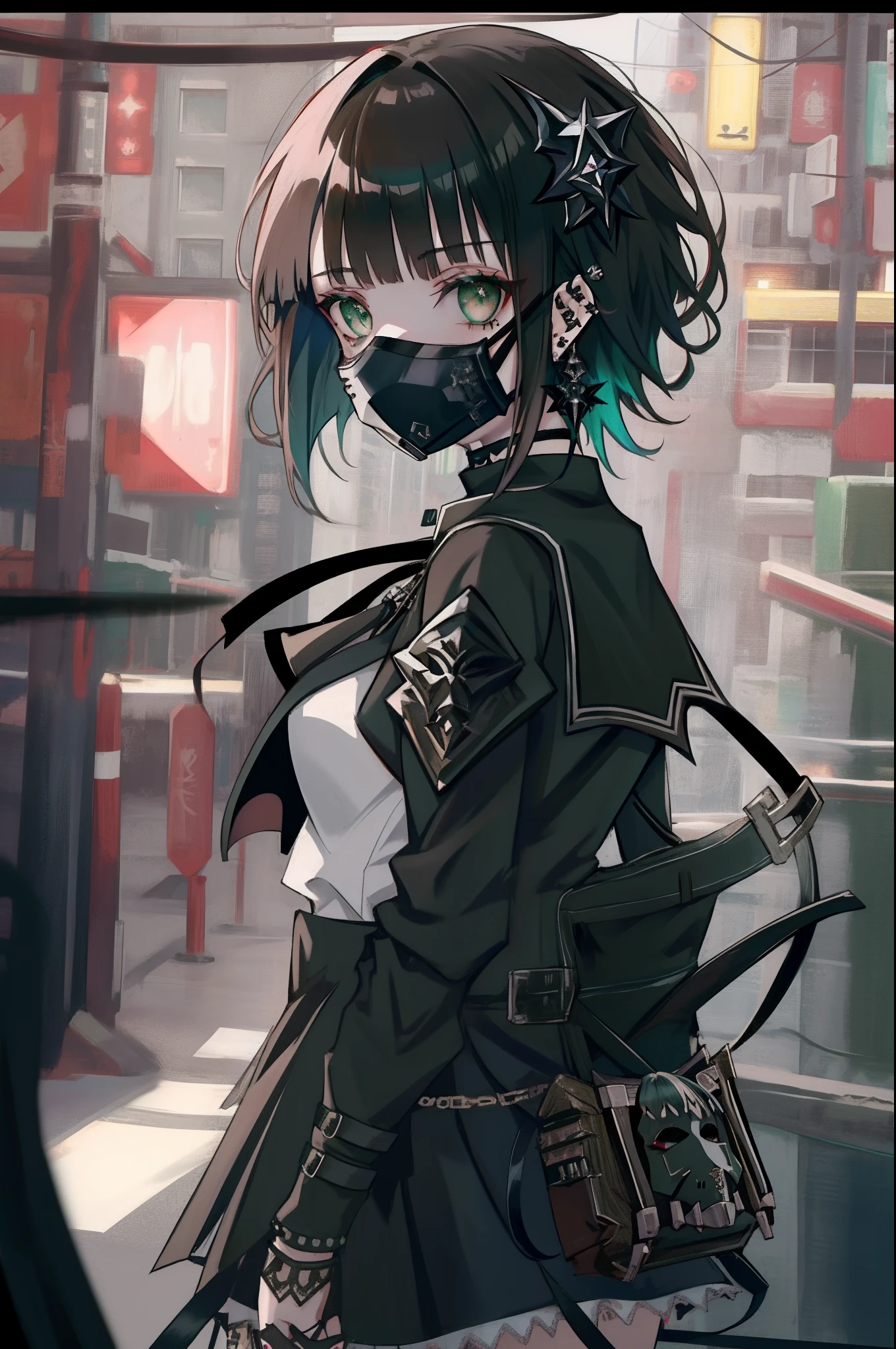 goth_punk, 1girl, solo, iridescent green eyes, (brown shimmer hair), earrings, bangs, jewelry, mask, blunt bangs, mouth mask, hair ornament, looking at viewer, short hair, portrait, sidelocks, (school uniform), (skirt), (((extreme detail))), ((high quality))