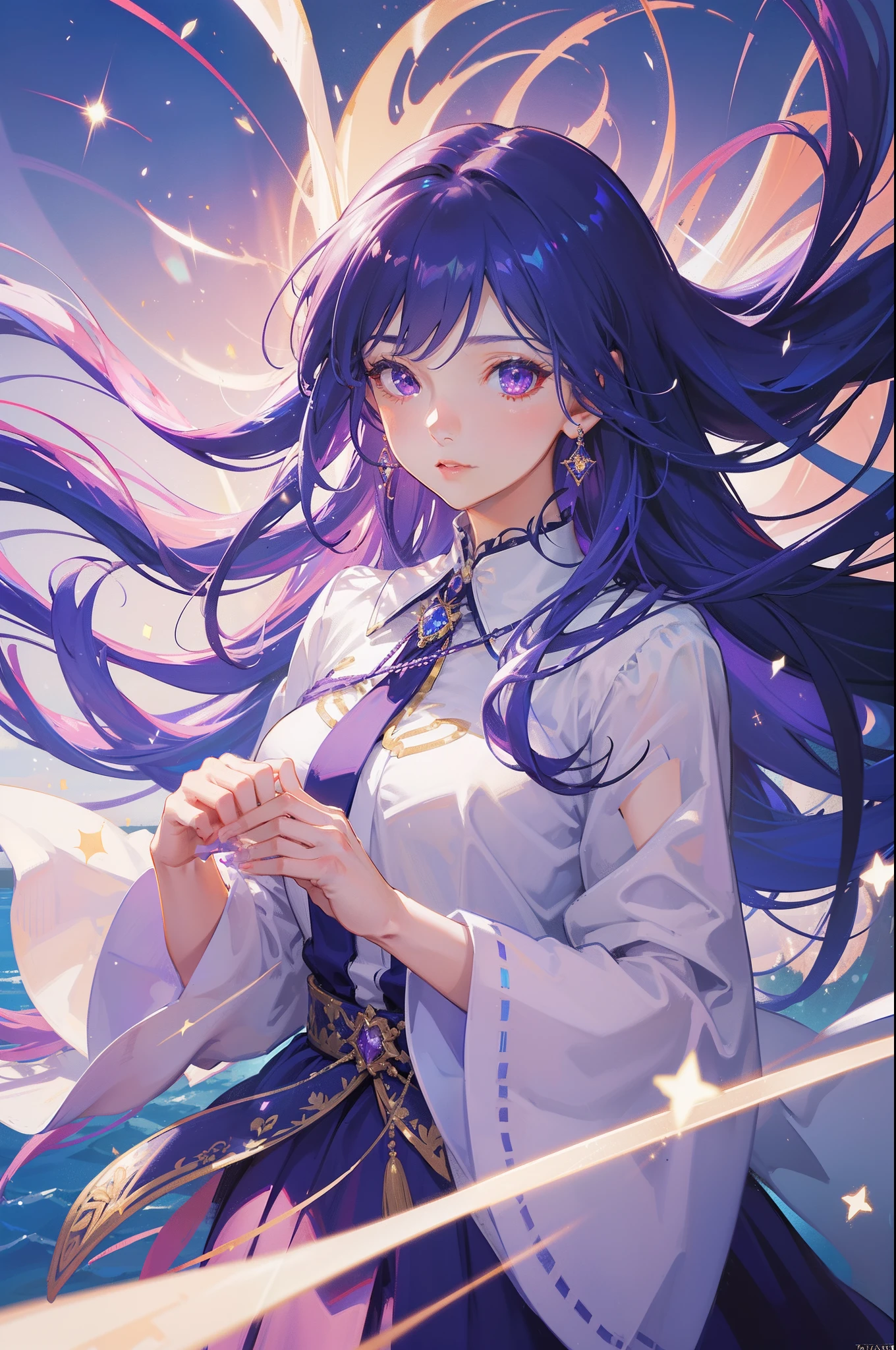 masterpiece, best quality, beautiful detailed hair detailed face, perfect feminine face, a beautiful and cute girl with sparkling and glowing purple hair, floating hair by wind, (sparkle particle), lens flare, sharp focus, volumetric lighting, by sakimichan, george kamitani, akira yasuda, trending on artstation, get million like, intricate details