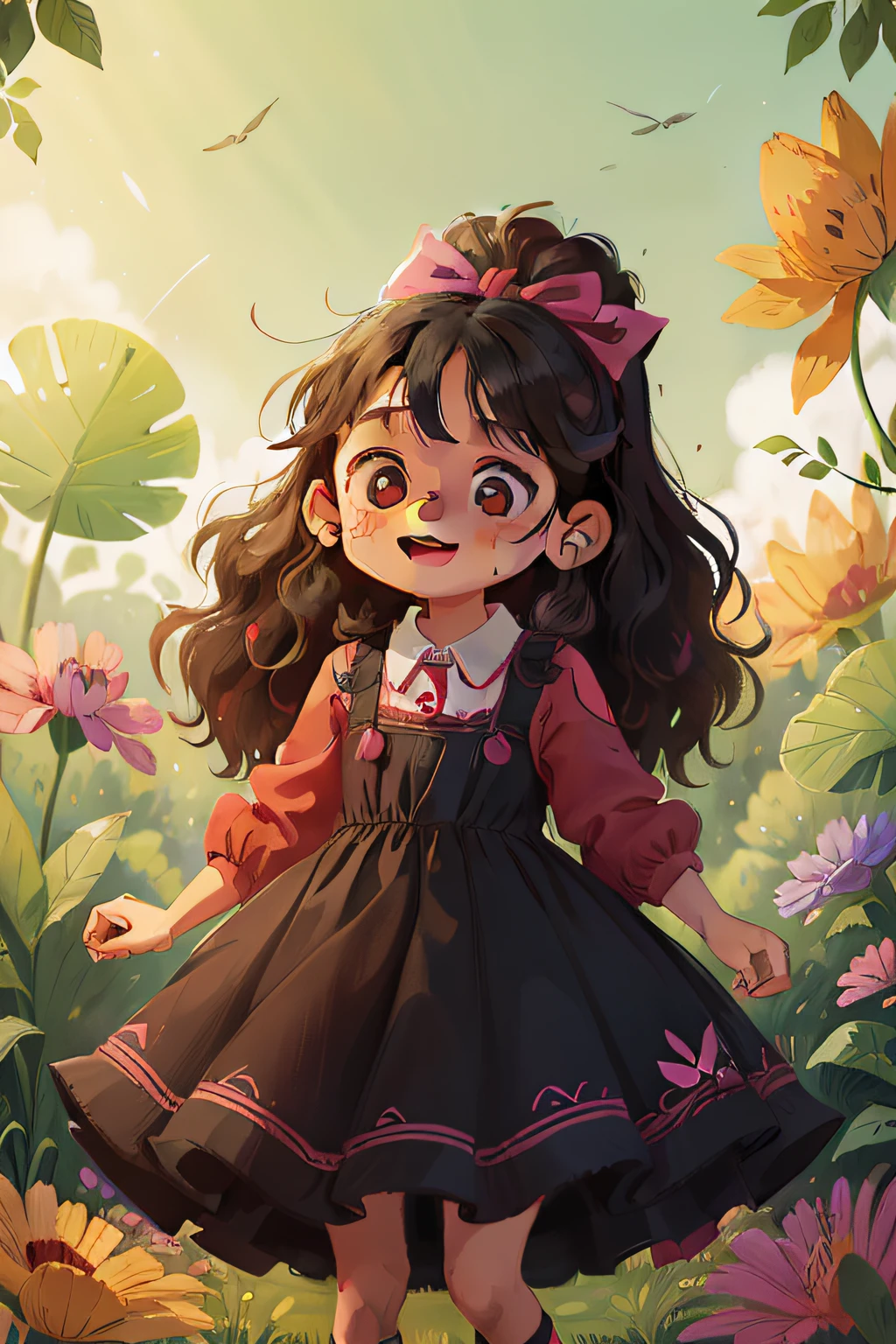 a small girl, 8 years old, cute, mexican, long, curly black hair, with a bow on her head, wearing a colorful dress, vibrant and happy eyes, in the park