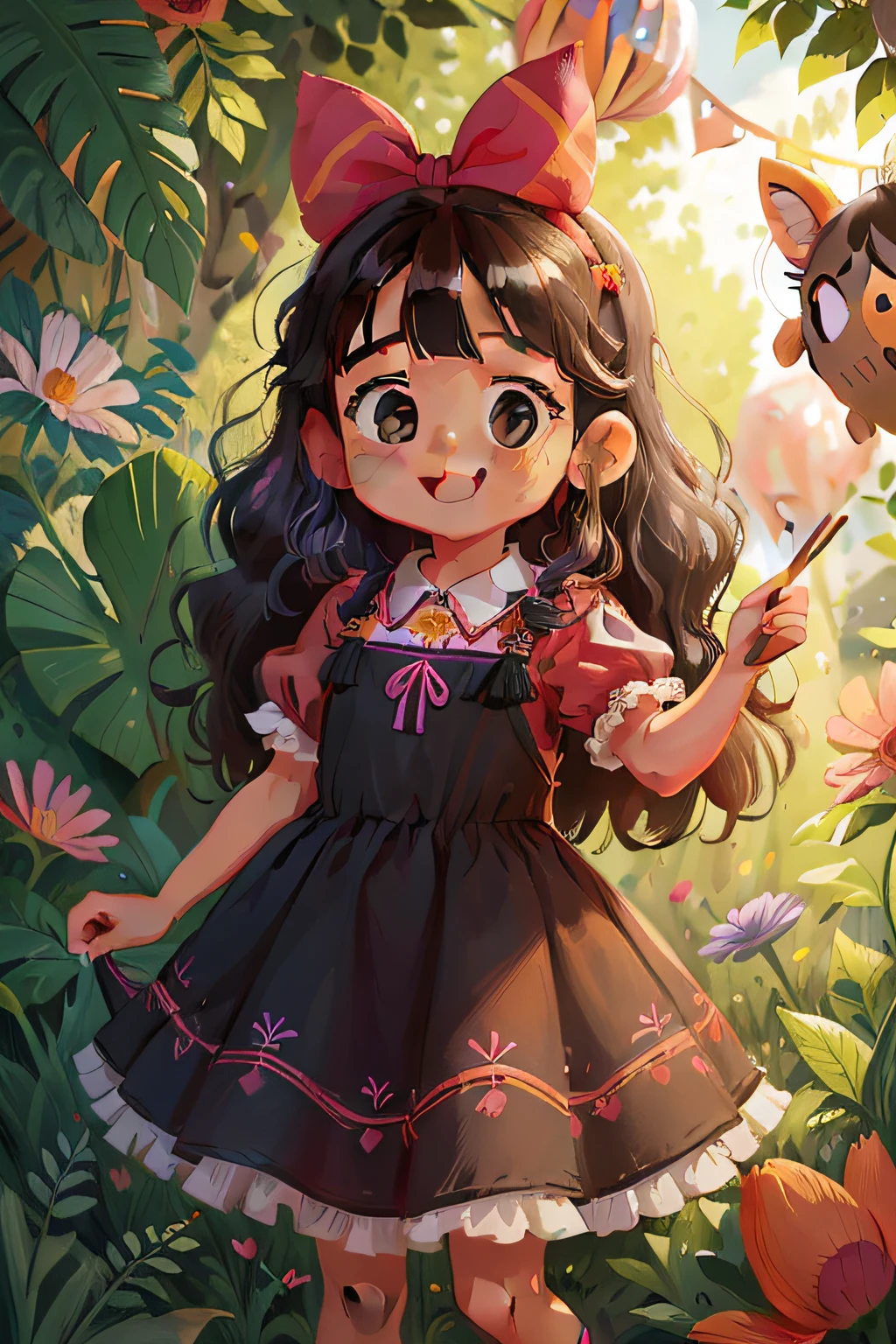 a small girl, 8 years old, cute, mexican, long, curly black hair, with a bow on her head, wearing a colorful dress, vibrant and happy eyes, wearing a colorful flowery dress, playing with a pinata