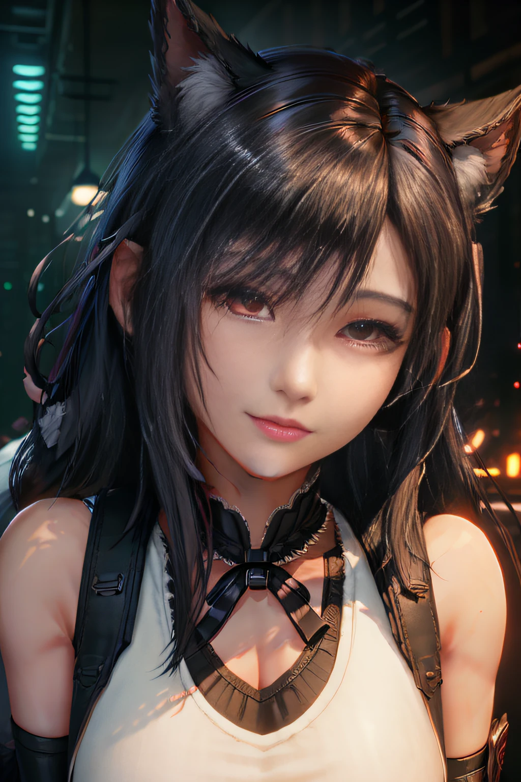black hair, wince, solid circle eyes, light smile, ear blush, fang, fake animal ears, drop shadow, anaglyph, stereogram, tachi-e, pov, atmospheric perspective, 8k, super detail, ccurate, textured skin