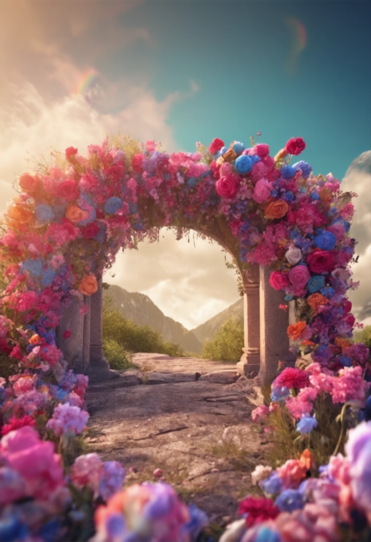 UN FONDO PARA FOTOGRAFIA DE ESTUDIO, WITH RAINBOW BLUE SKY AND FLOWER ARCH WITH SUPER RALISTA DREAM BACKGROUND AND IN 4K