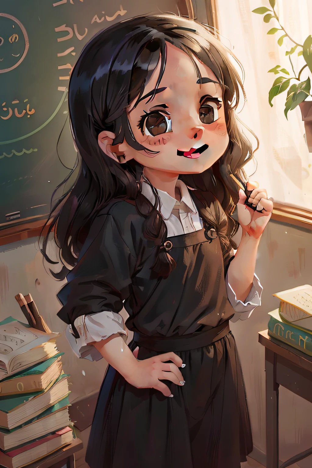 a small, cute, 8 years old, iranian girl, long black hair, kind look, smiling, wearing typical iranian clothes, at school
