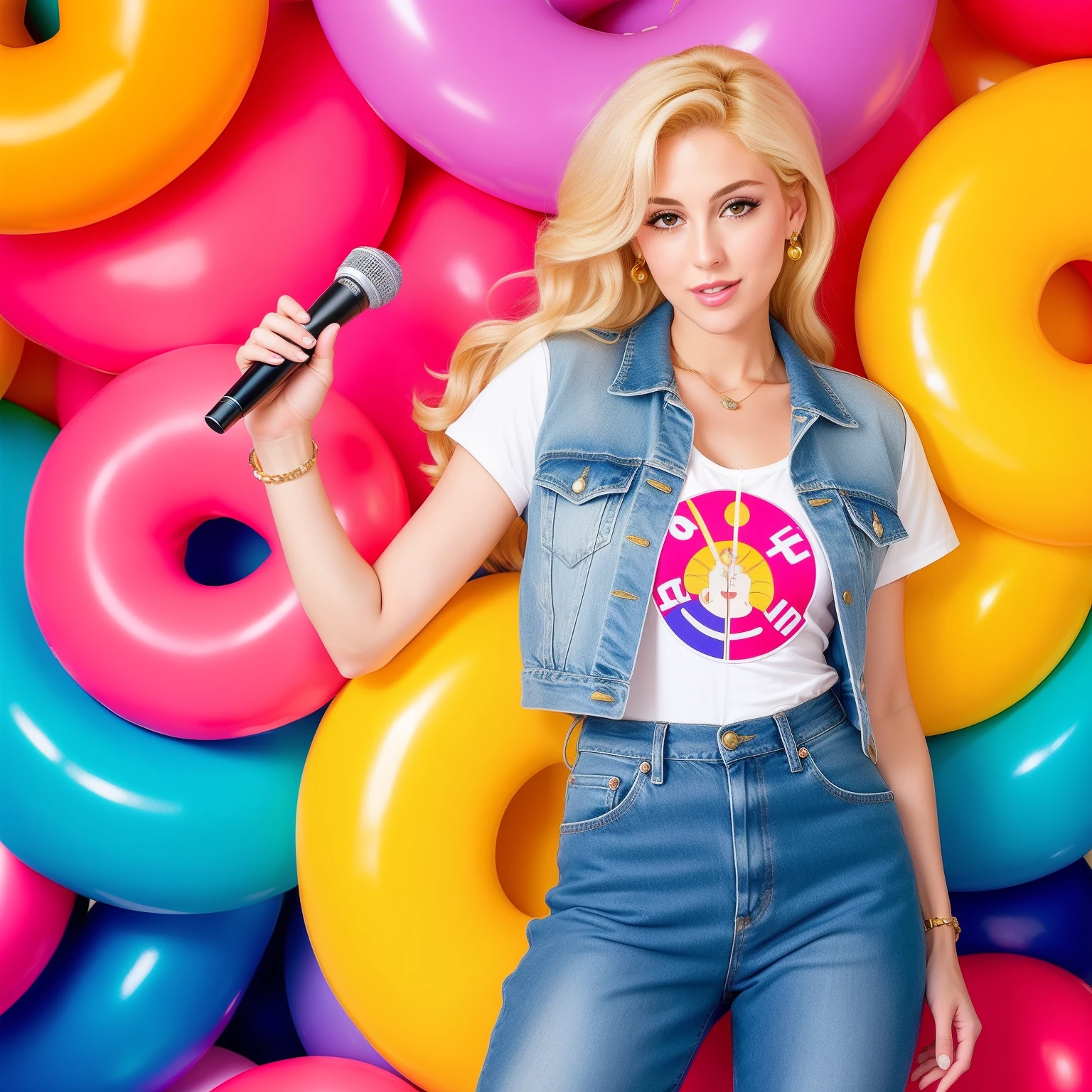 "(Mature and realistic portrayal:1.2) Sailor Moon exuding confidence as she holds a microphone, her blonde hair cascading down, adorned in stylish rainbow denim clothes from the 2000s, with a backdrop filled with donuts."