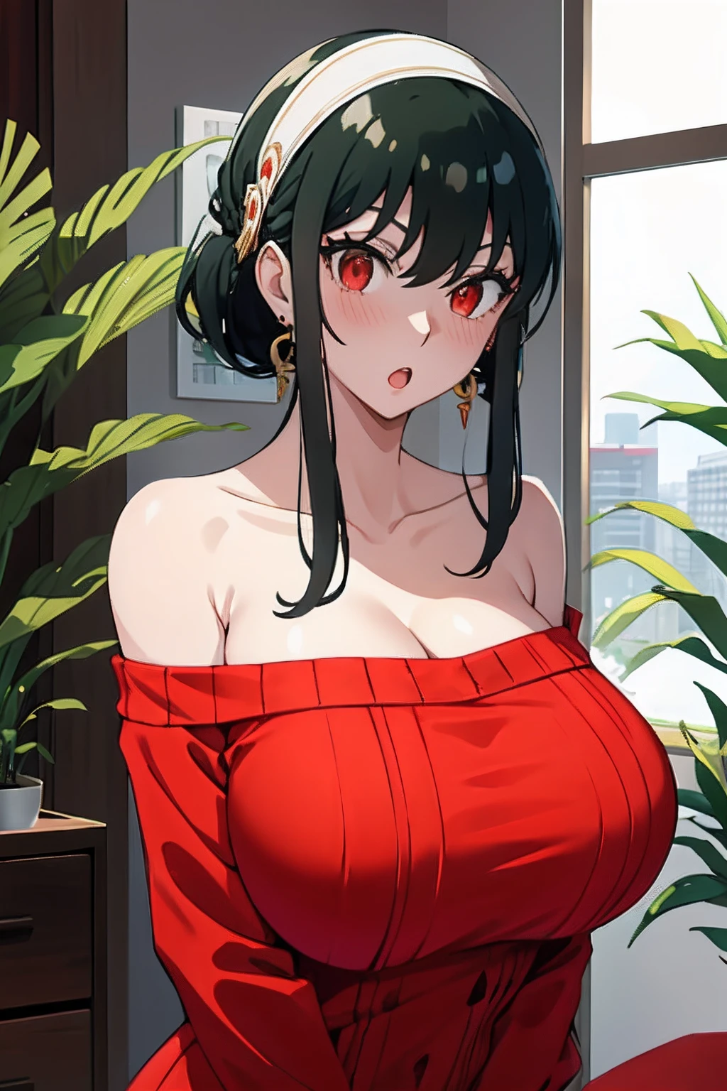 masutepiece, ((huge breasts)), Yor, 1girl in, Solo, Looking at Viewer, Open mouth, Black hair, Red Eyes, Dress, Bare shoulders, Jewelry, 鎖骨, side locks, shairband, earrings, Indoors, off shoulders, :o, Sweaters, arms behind back, plant, short hair with long locks, white hairband, Off shoulder dress, sweater dress, off-the-shoulder sweater, Red Sweater, large side hair, Very long side hair,