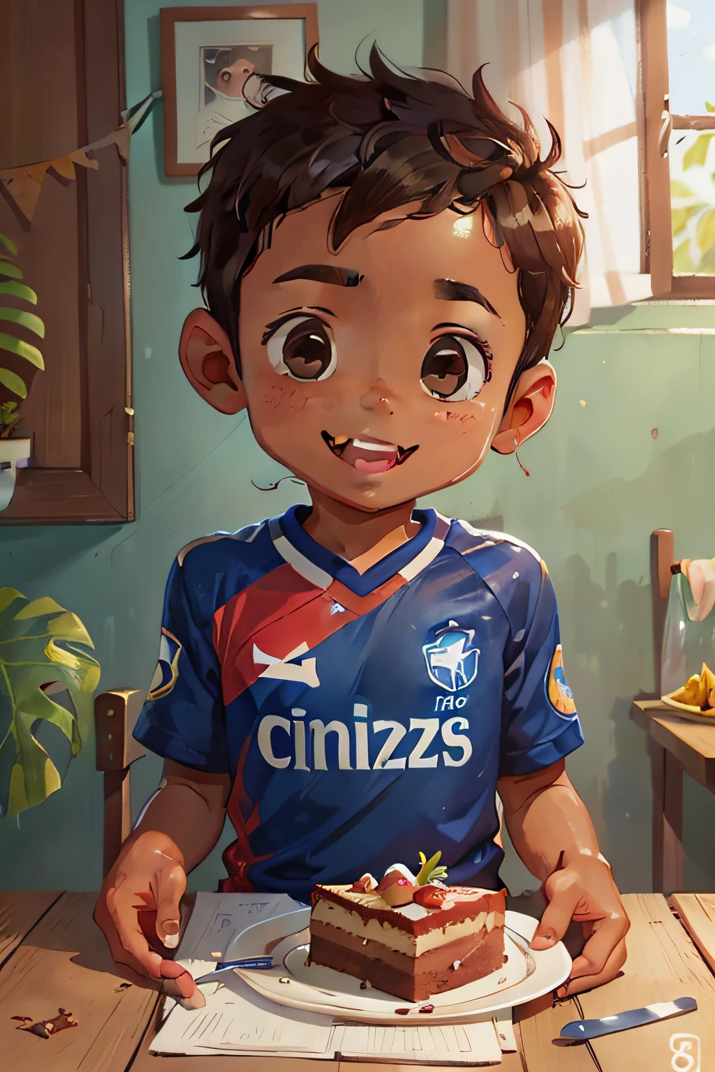 lucas, an 8 year old boy, cute, brown skin, happy and kind eyes, fun, with a plate of cake on his hand, wearing his cruzeiro football jersey