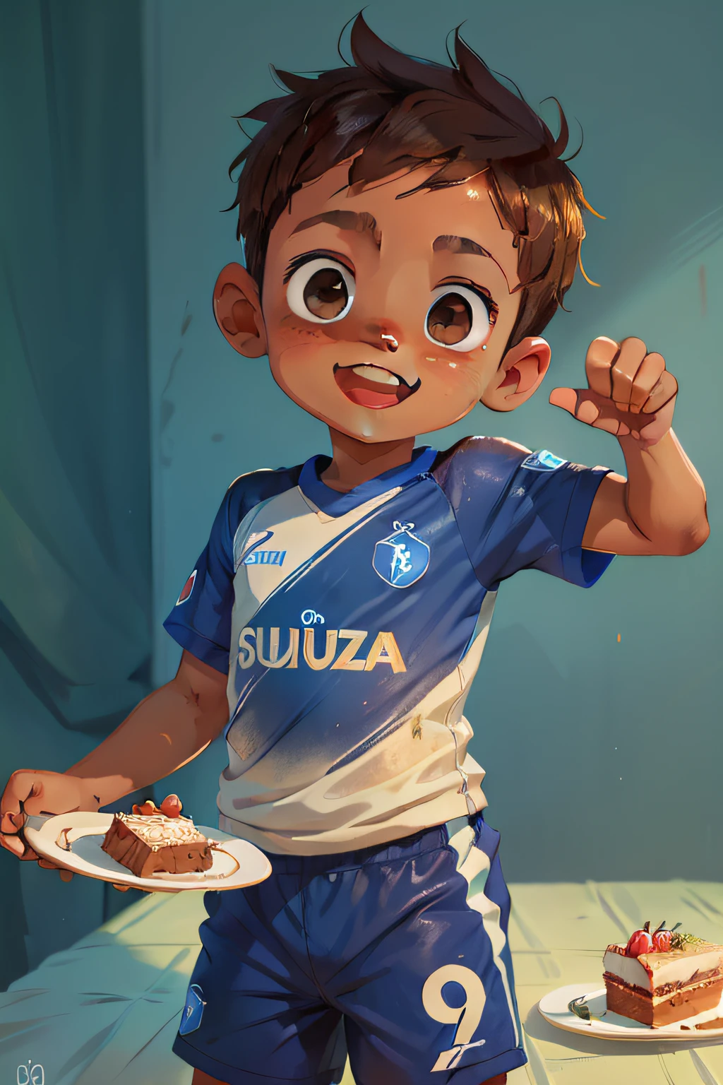 lucas, an 8 year old boy, cute, brown skin, happy and kind eyes, fun, with a plate of cake on his hand, wearing his cruzeiro football jersey