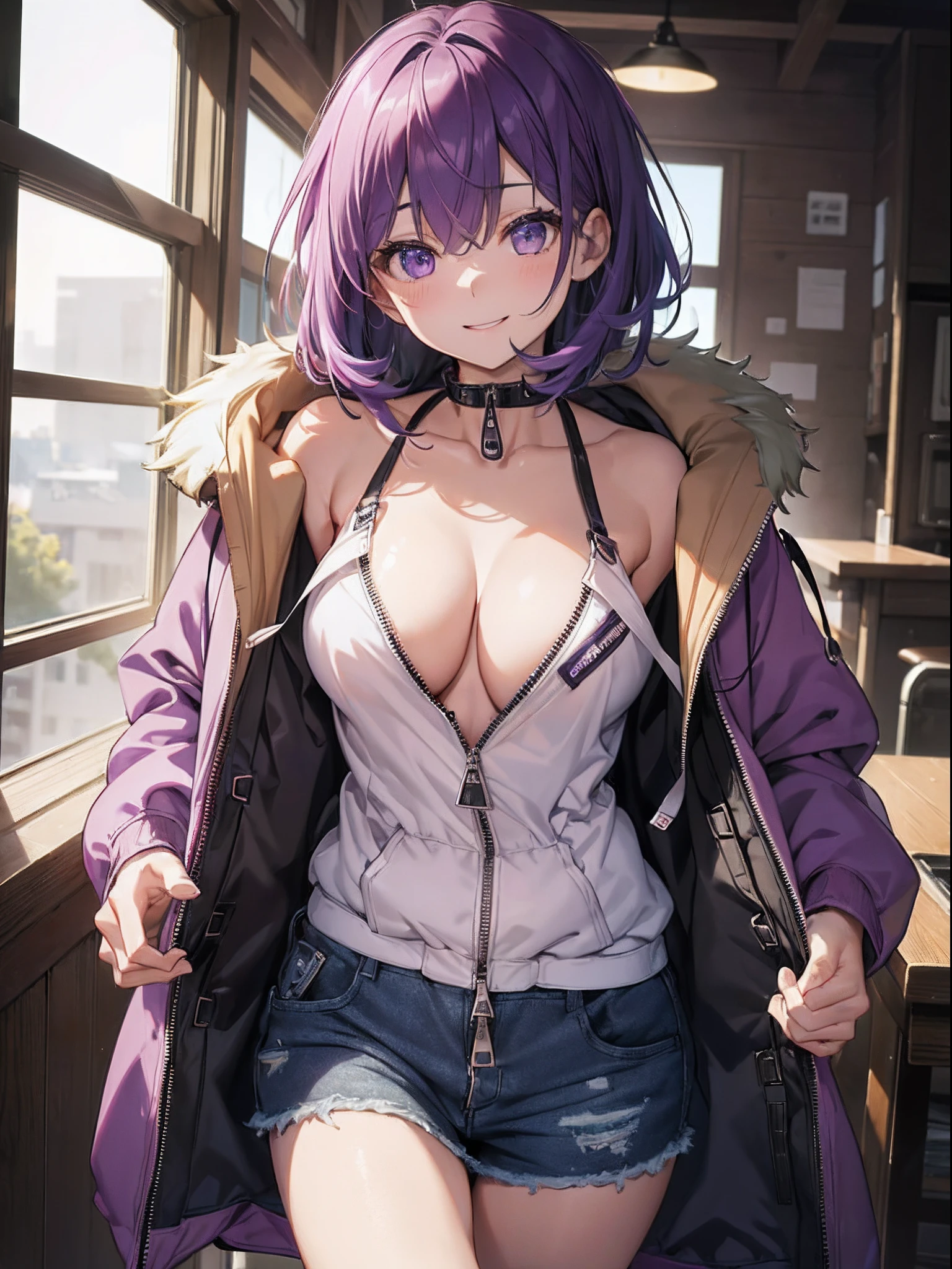 absurderes,(masterpiece、top-quality、8K ),intricate detailes,ultra-detailliert、1 Cute Beautiful Girl、A smile、Mouth open、Purple hair、a short bob、((parka:1.5)),(Pulling down the zipper of the hoodie、no-bra:1.4),cleavage of the breast、I have my hands in my pockets、inside in room、bet、Hyper realistic,Perfect Anatomy