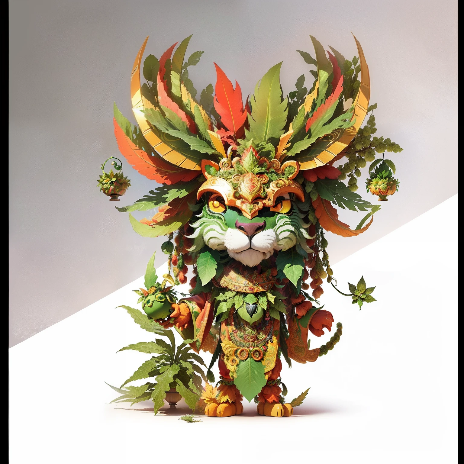 illustration of a lion with a colorful headdress and a green leafy mane, plant monster, a plant monster, digital painting of quetzalcoatl, mascot illustration, full art illustration, character design contest winner, high detailed official artwork, magical garden plant creatures, quetzalcoatl, 3 d toy aztec gods as funco toy, plant spirit, a humanoid thistle monster