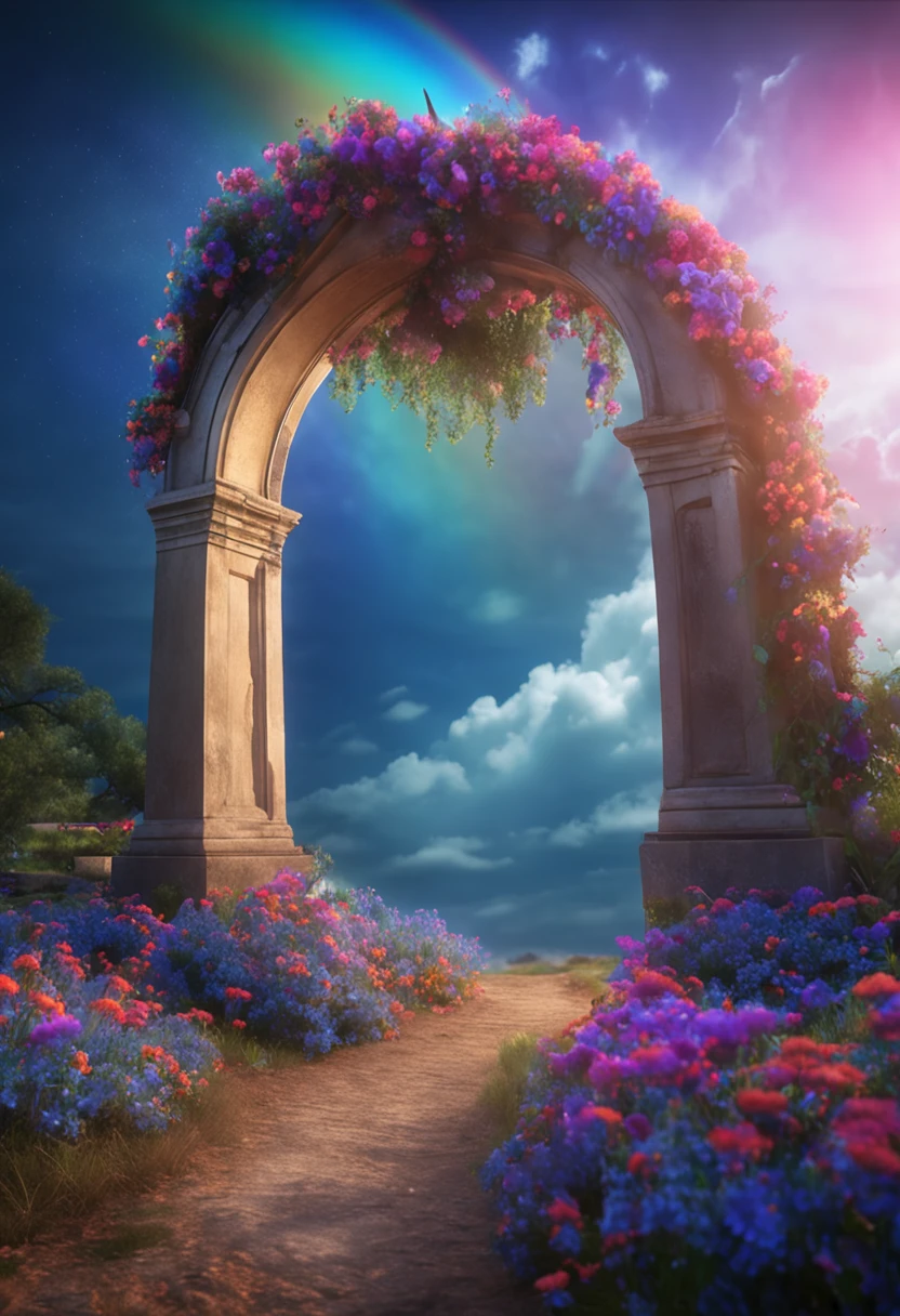 "A STUNNING STUDIO PHOTO WITH A BLUE RAINBOW SKY AND AN ARCH OF FLOWERS ON A SUPER REALISTIC DREAM BACKGROUND IN 4K."