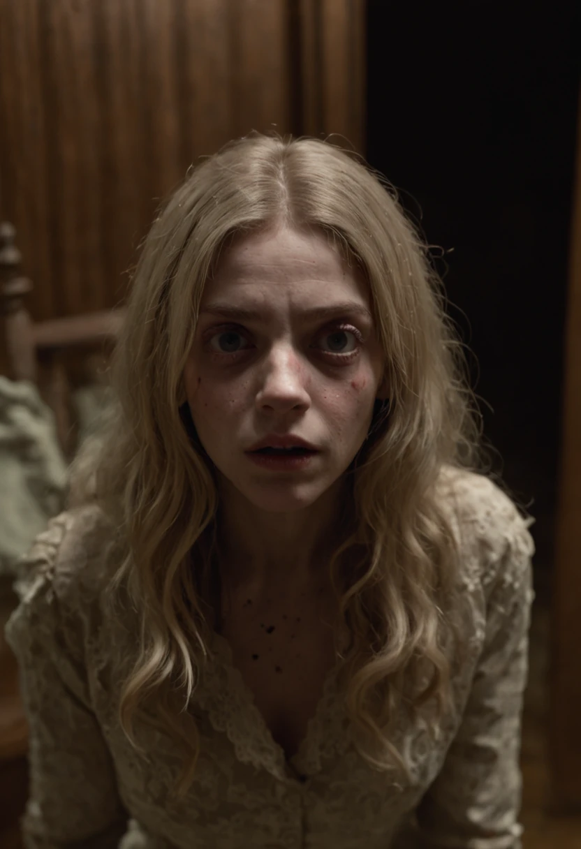 color photo of a scared Austrian-Brazilian girl, her face pale and contorted with fear, her wide eyes filled with terror. Her blonde hair hangs in disarray around her, adding to the sense of chaos and unease. She is captured in the ghoulish and satanist room, a place of darkness and malevolence. Sinister figures loom in the background, their shadowy forms adding to the eerie atmosphere. The room itself is adorned with occult symbols, the walls covered in faded and peeling wallpaper that seems to whisper secrets of the dark. The low-quality camera from 2004 struggles to capture the scene, resulting in a grainy and distorted image. The picture carries a sense of urgency and rawness, as if it was hastily taken in a moment of terror. The grain adds a gritty texture, intensifying the unsettling mood of the photograph. The color film used casts a muted and somber tone, enhancing the eerie ambiance of the room. This juxtaposition of fear, the macabre setting, the grainy quality, and the vintage aesthetic of the camera creates a chilling and haunting image. Directors: David Lynch, Guillermo del Toro, Stanley Kubrick Cinematographers: Roger Deakins, Emmanuel Lubezki, Darius Khondji Photographers: Diane Arbus, Francesca Woodman, Cindy Sherman Fashion Designers: Alexander McQueen, Rick Owens, Gareth Pugh ::n_bad anatomy, mutation, mutilation, deformity, poorly drawn, extra arms, extra legs, missing arms, missing legs, mutated hands, mutated feet, fused fingers, extra fingers, long neck, disfigured features, gross proportions, asymmetrical, blurry, ugly, extra eye, missing eye, deformed skull, malformed limbs, mutated mouth, missing teeth, extra teeth, malformed teeth, gross, disgusting, deformed spine, distorted bones, missing bones, out of frame, low resolution, low quality, normal quality, jpeg artifacts, signature, watermark, username, text, error, missing components, extra components, cropped, worst quality, low-res, bad proportions