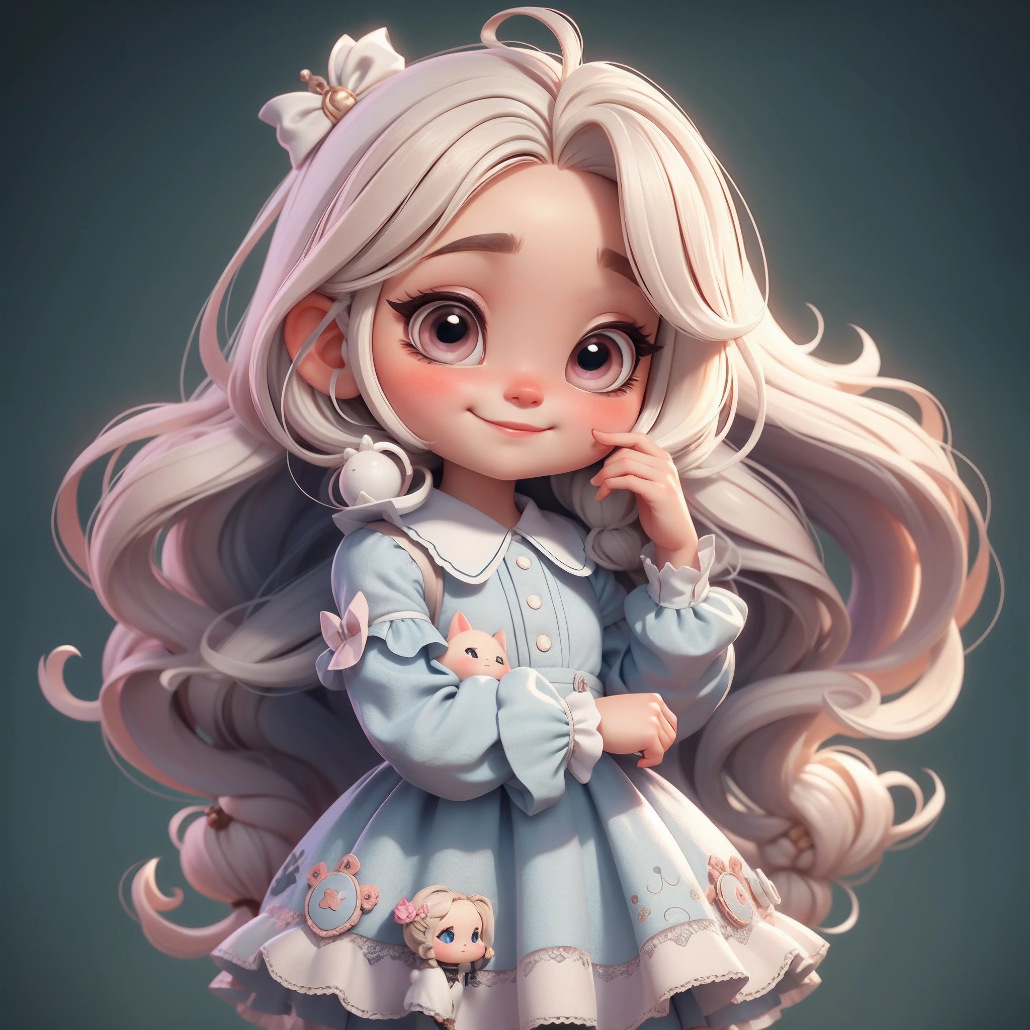 Create a chibi version of the Alice in Wonderland character in 8K resolution.

Boneca Chibi Alice: She should look adorable and cute, mas ainda com elementos distintivos da personagem original. O chibi Alice deve ter um rosto redondo com grande, olhos brilhantes, long eyelashes and rosy cheeks. Seu cabelo deve ser longos, em tons vibrantes de loiro mesclado.

Vestido elegante: Vestido Alice Chibi em um longo, Elegant dress in light colors and pastels. The dress should have cuts and details that match the unique style of the character. Adicione detalhes em renda, babados ou bordados para dar um toque encantador.

Charming Accessories: Add accessories to Alice chibi. 

Certifique-se de adicionar sombras, texturas e detalhes, even in a chibi version, to give depth and realism to the Alice doll. Leave her with a charming expression and a mischievous smile, keeping her cute and adorable at the same time.