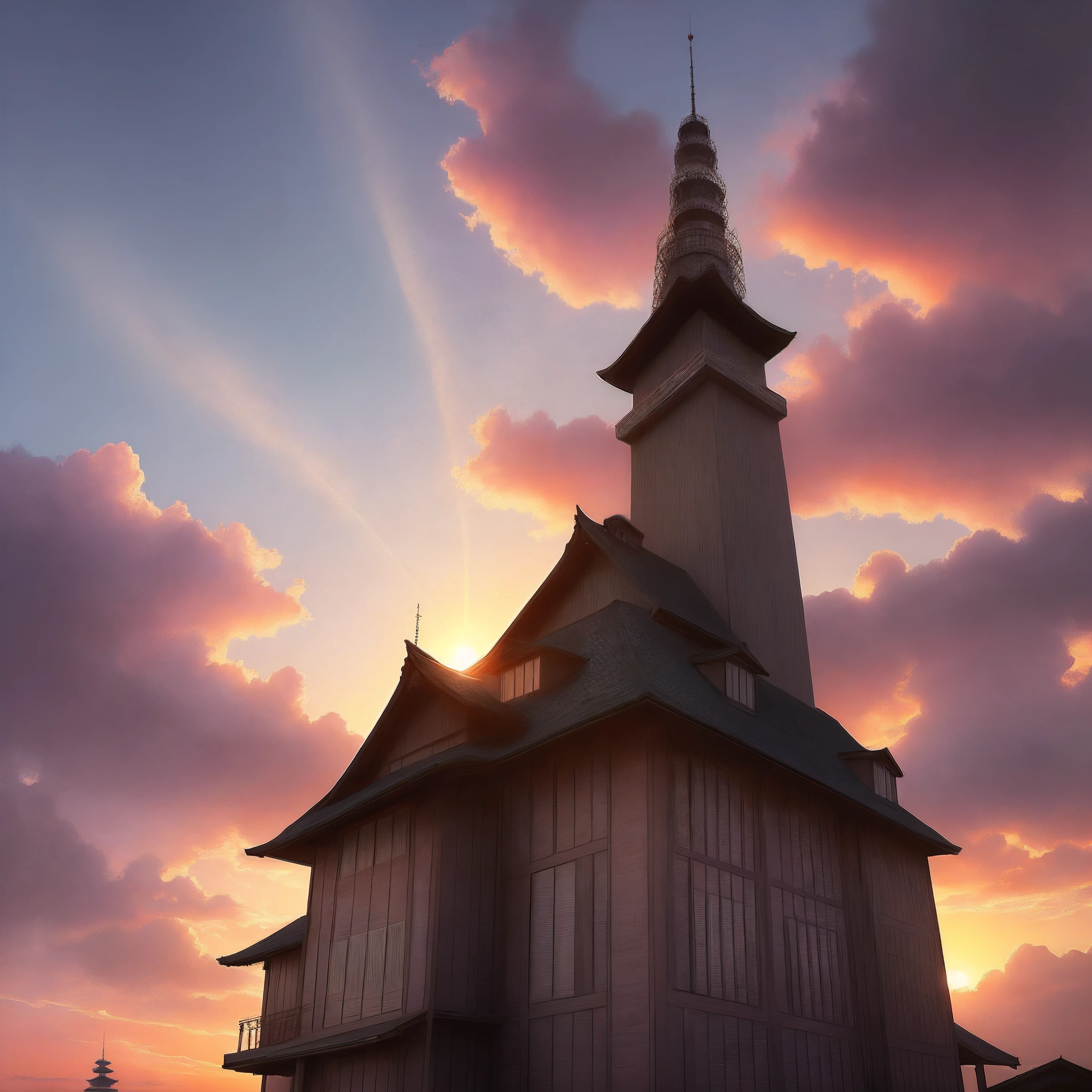 a sunset with a few clouds in the sky and a building in the distance with a tower in the distance, amano, sunrise, a matte painting, dau-al-set