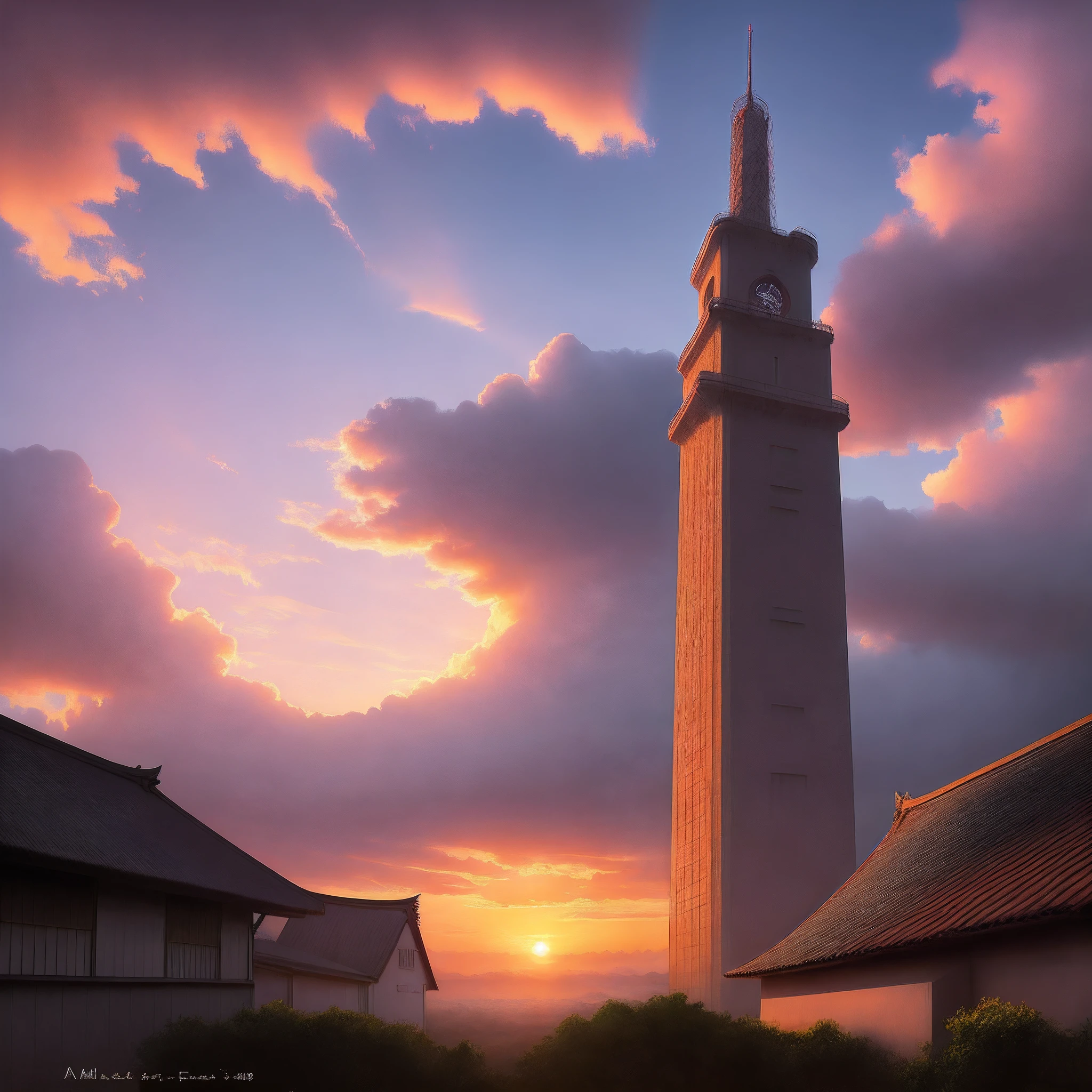 a sunset with a few clouds in the sky and a building in the distance with a tower in the distance, amano, sunrise, a matte painting, dau-al-set