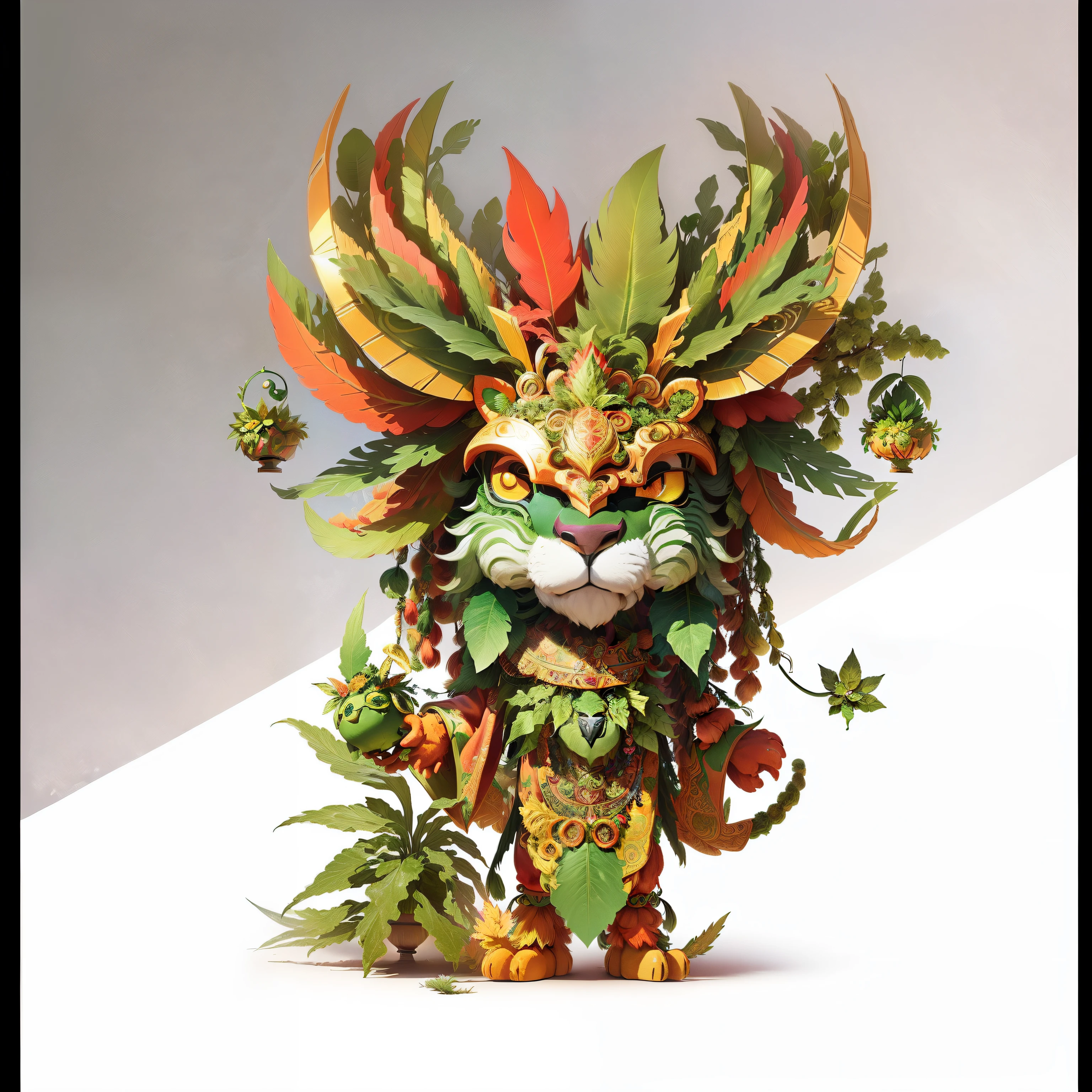 illustration of a lion with a colorful headdress and a green leafy mane, plant monster, a plant monster, digital painting of quetzalcoatl, mascot illustration, full art illustration, character design contest winner, high detailed official artwork, magical garden plant creatures, quetzalcoatl, 3 d toy aztec gods as funco toy, plant spirit, a humanoid thistle monster