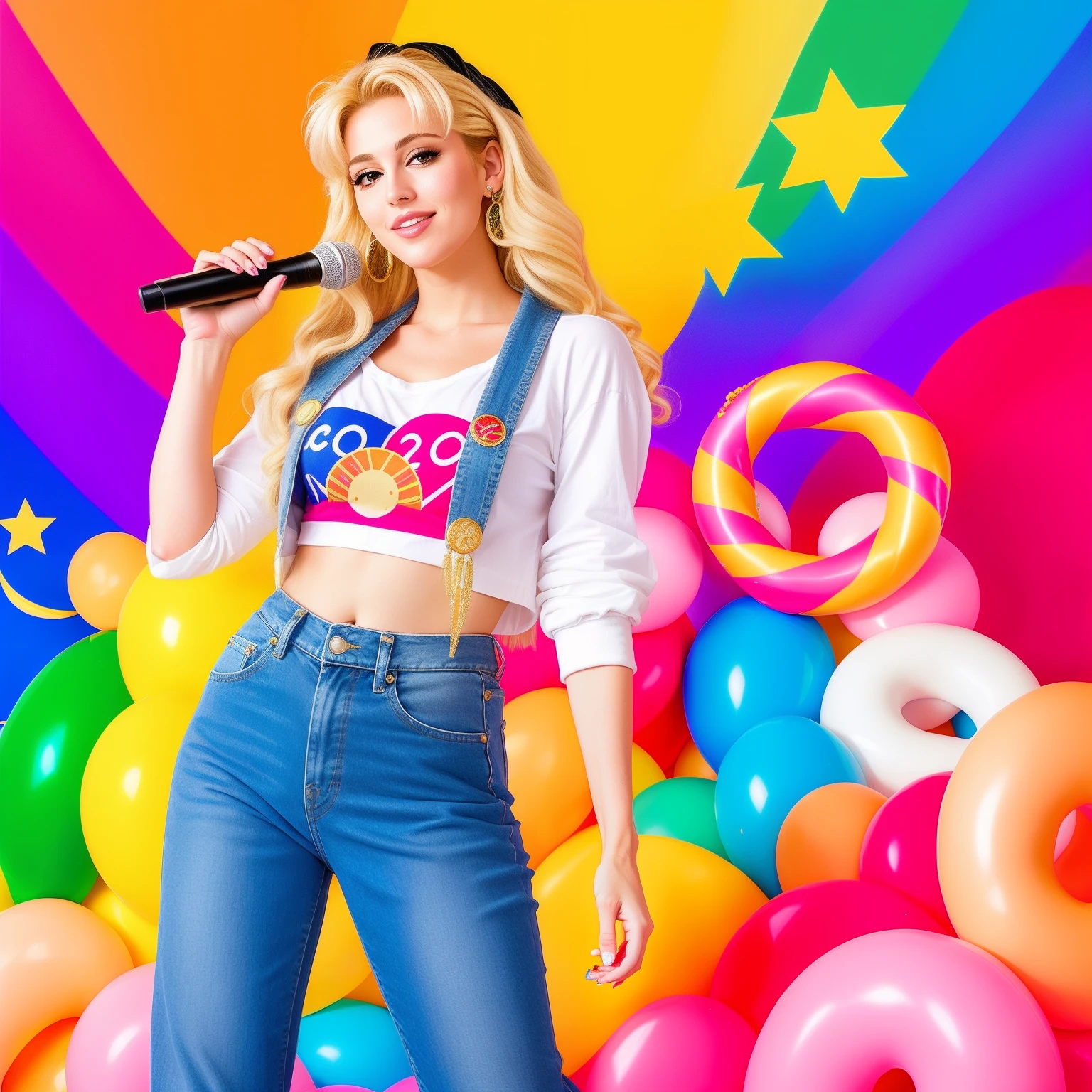 "(Mature and realistic portrayal:1.2) Sailor Moon exuding confidence as she holds a microphone, her blonde hair cascading down, adorned in stylish rainbow denim clothes from the 2000s, with a backdrop filled with donuts."