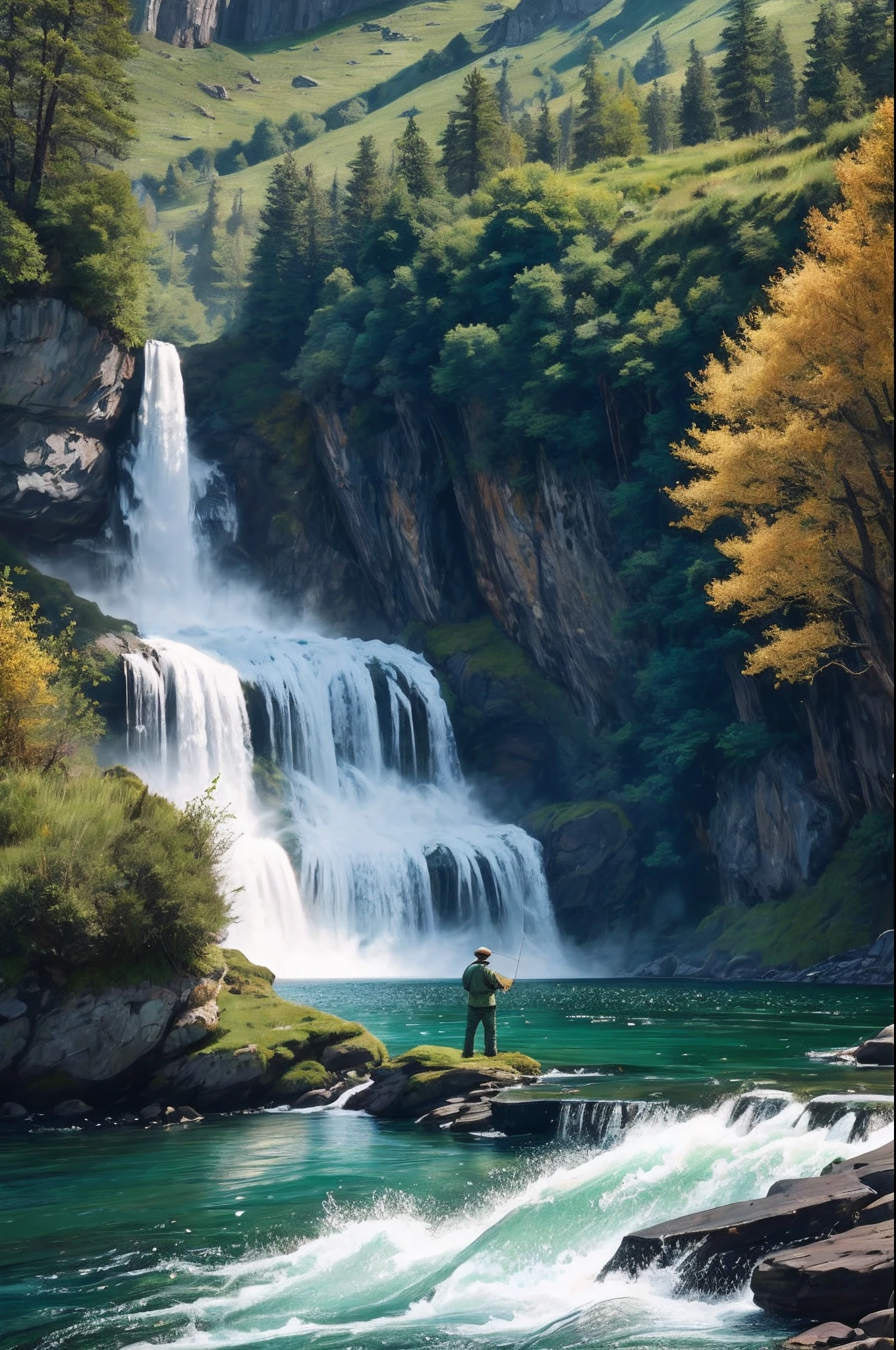 Man fly fishing, (man fly fishing) Masterpiece, ultimate quality, Cg unity 8k wallpaper, super delicate, beautiful rich natural scenery, cliffs, lakes and rivers, waterfalls and flying water, beautiful green mountains, man fly fishing, casting fly rod, excellent scenery, has already won a photo contest, full depth of field, HDR high dynamics, true restoration, intricate, extreme details, dramatic presentation,
