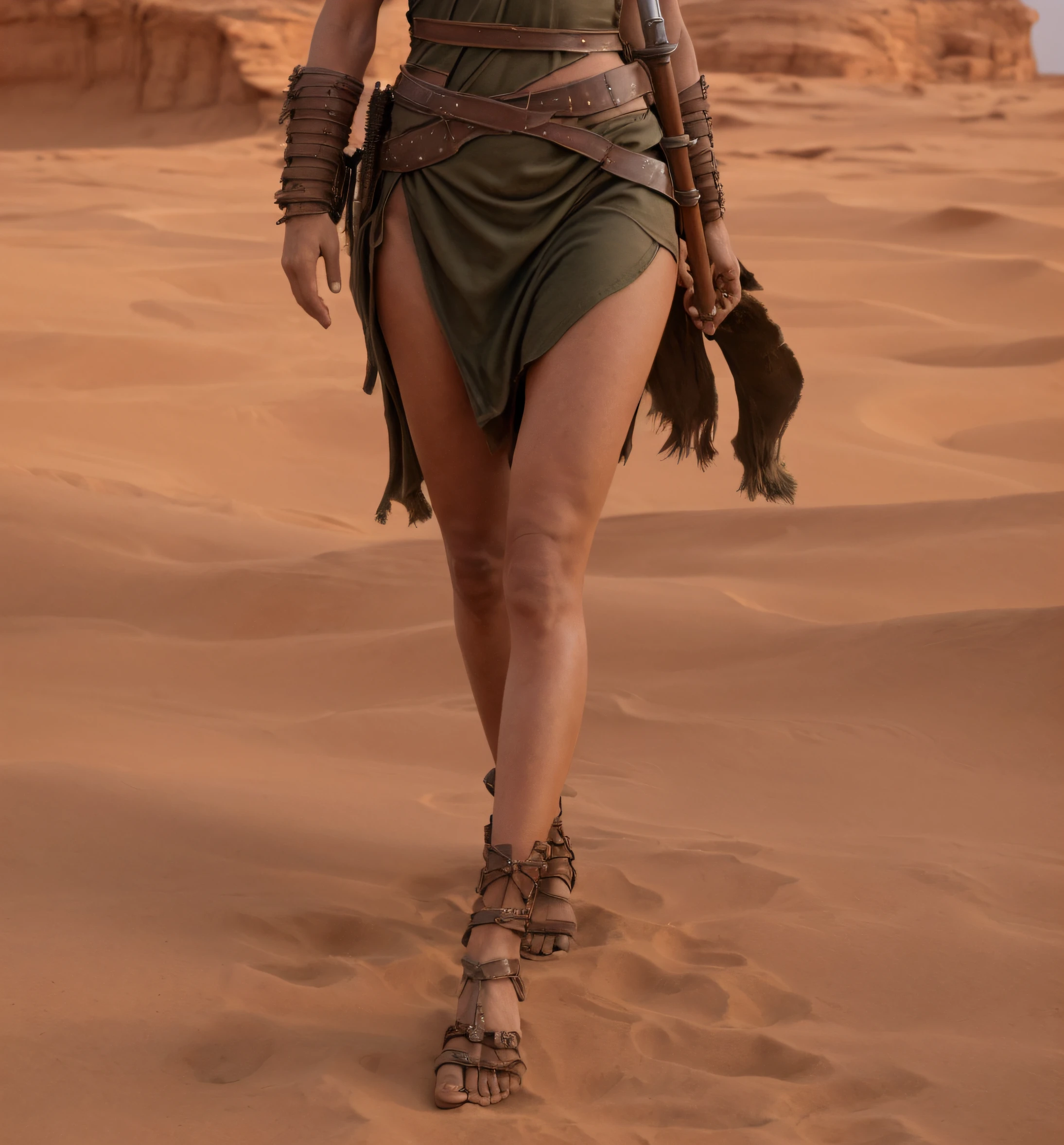 mulher guerreira do Conan, andando no deserto, roupas maltrapilhas, com uma espada nas costas, rosto detalhado, corpo perfeito, pernas detalhadas, pernas lindas, textura ultra realista