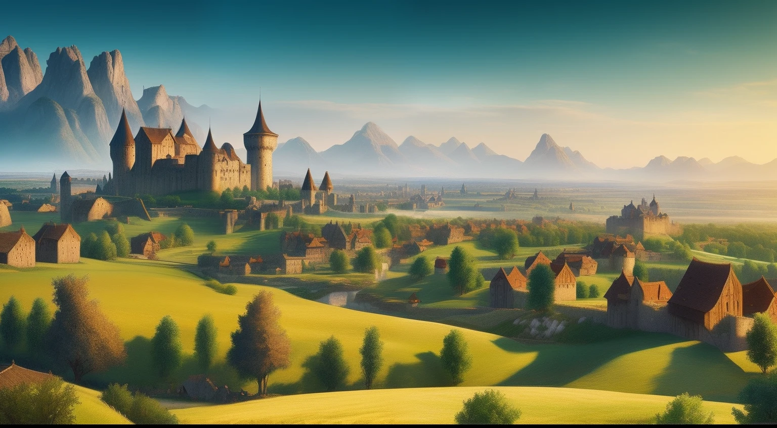 an impressive landscape a medieval kingdom with a simple city of wooden houses around a castle a city in the middle of the plains of green lawn surrounded by mountains a city of a medieval kingdom a medieval art a realistic art of an incredible landscape surrounded by grandiose mountains impressive landscape