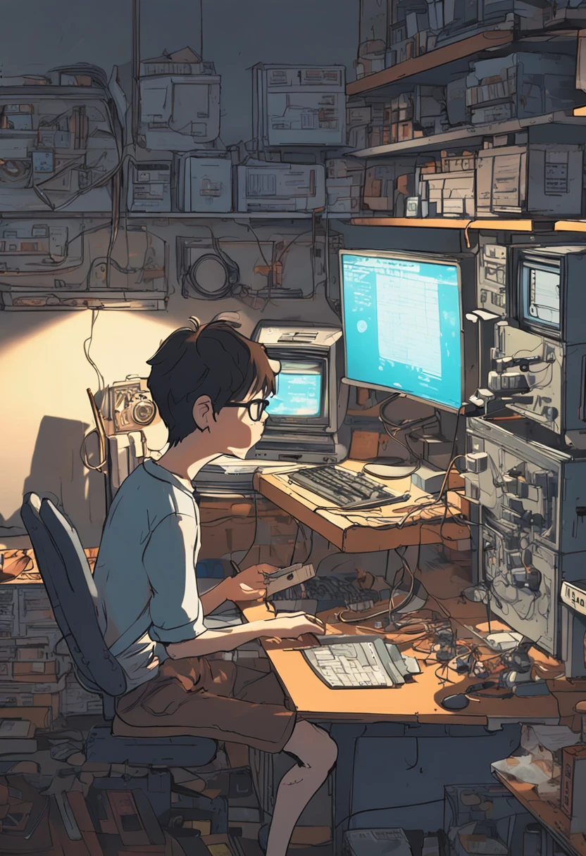 A nerdy ??? is programming on a computer in a room full of gadgets, Por Makoto Shinkai e Ghibli Studio, dramatic lighting, altamente detalhado, amazing quality, pele escura, Ultra realistic conical fading