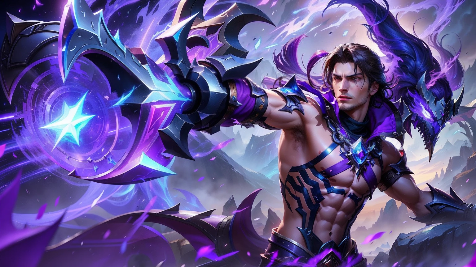 a close up of a person holding a sword in a purple background, splash art, official splash art, wild rift, thertrevkaiser, sylas, leblanc, mobile legends, iconic character splash art, king of time reaper, warwick saint, league of legends character, heise jinyao, background image, johnny silverhand, heroes of the storm splash art